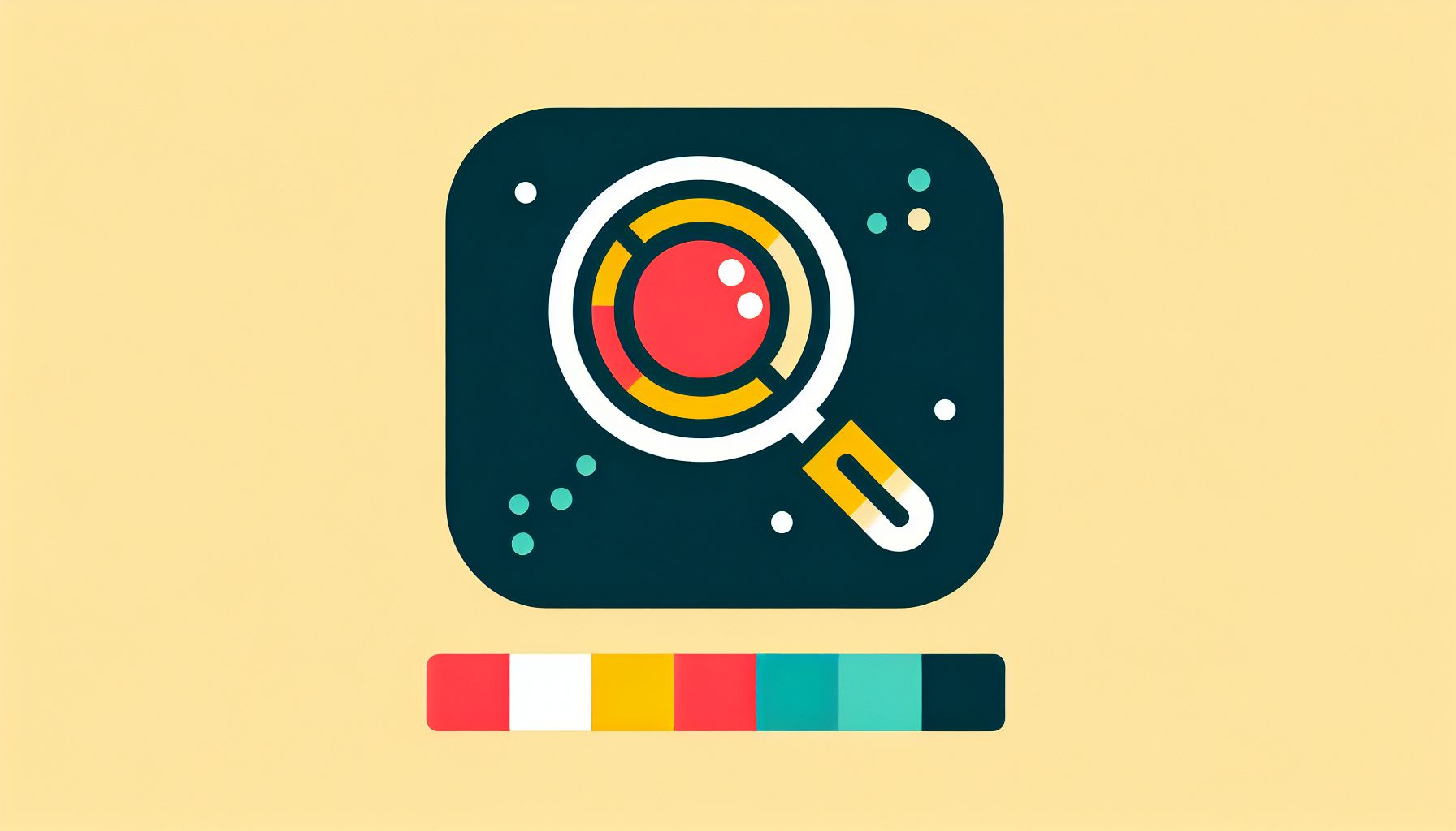 Magnifying Glass in flat illustration style and white background, red #f47574, green #88c7a8, yellow #fcc44b, and blue #645bc8 colors.