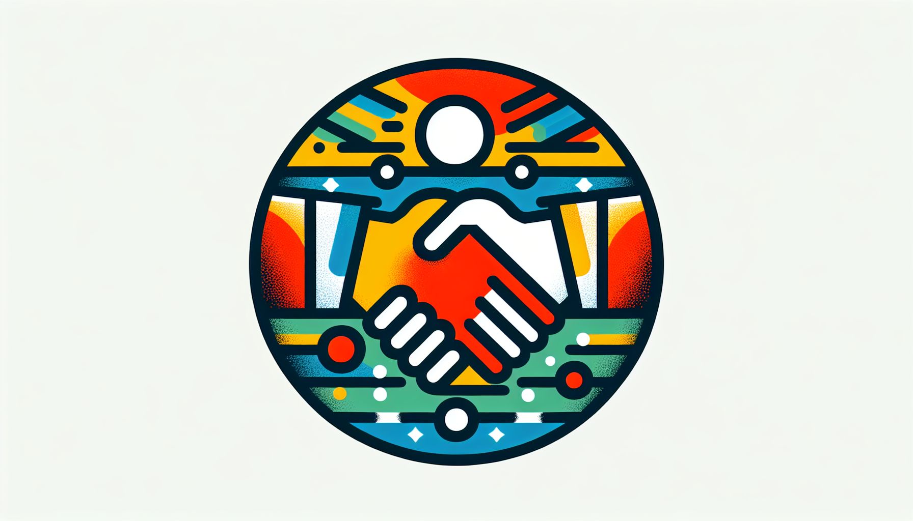 Handshake in flat illustration style and white background, red #f47574, green #88c7a8, yellow #fcc44b, and blue #645bc8 colors.