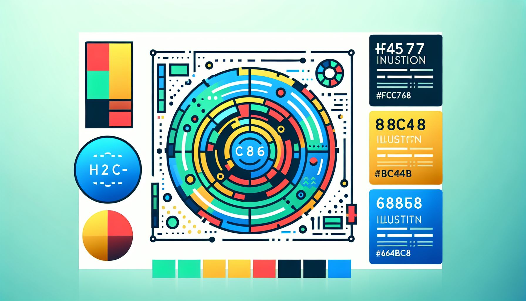 Hologram in flat illustration style and white background, red #f47574, green #88c7a8, yellow #fcc44b, and blue #645bc8 colors.