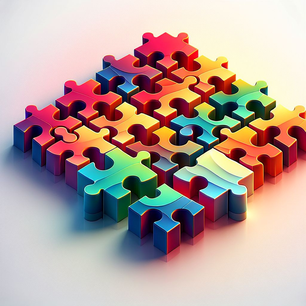 Puzzle pieces in illustration style with gradients and white background