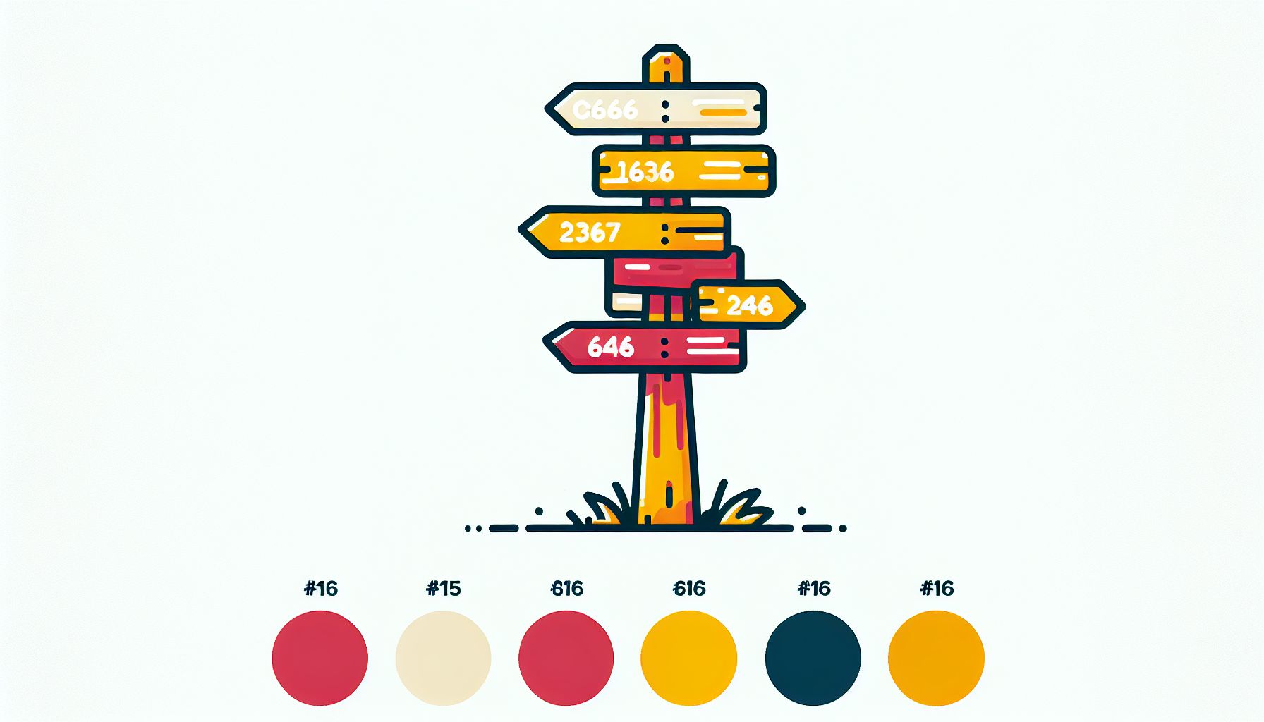 Signpost in flat illustration style and white background, red #f47574, green #88c7a8, yellow #fcc44b, and blue #645bc8 colors.