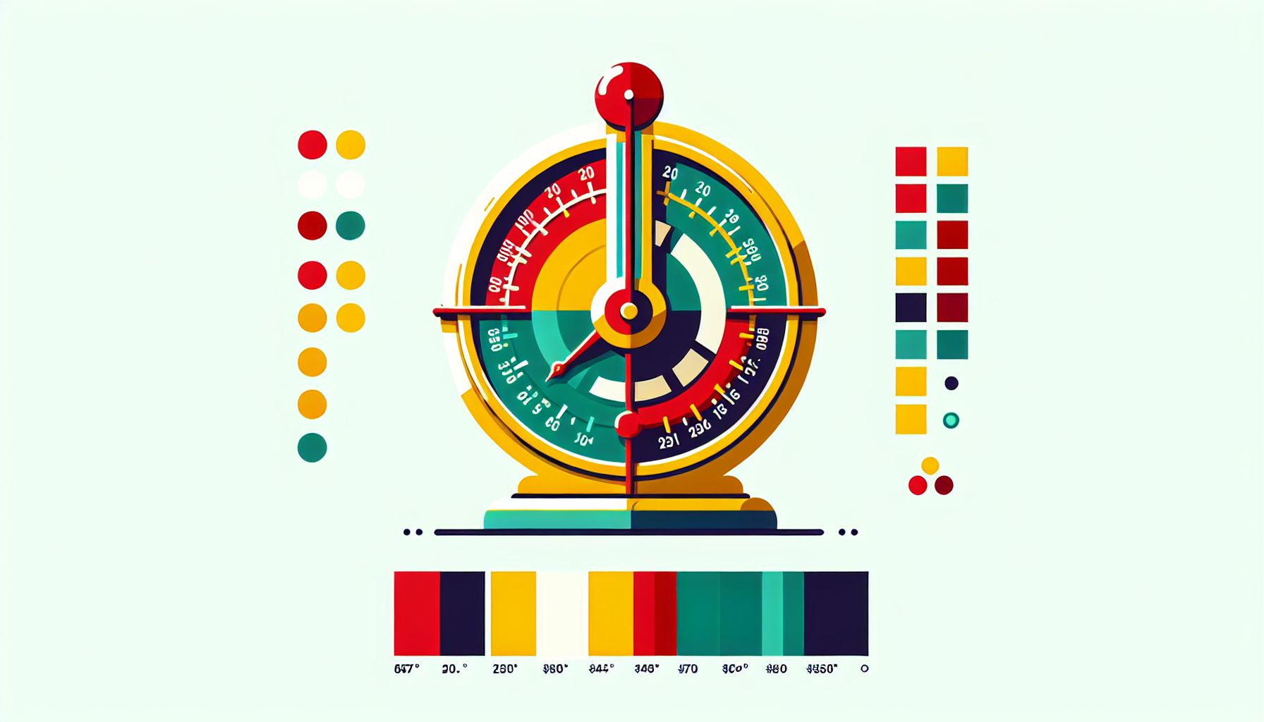 Barometer in flat illustration style and white background, red #f47574, green #88c7a8, yellow #fcc44b, and blue #645bc8 colors.