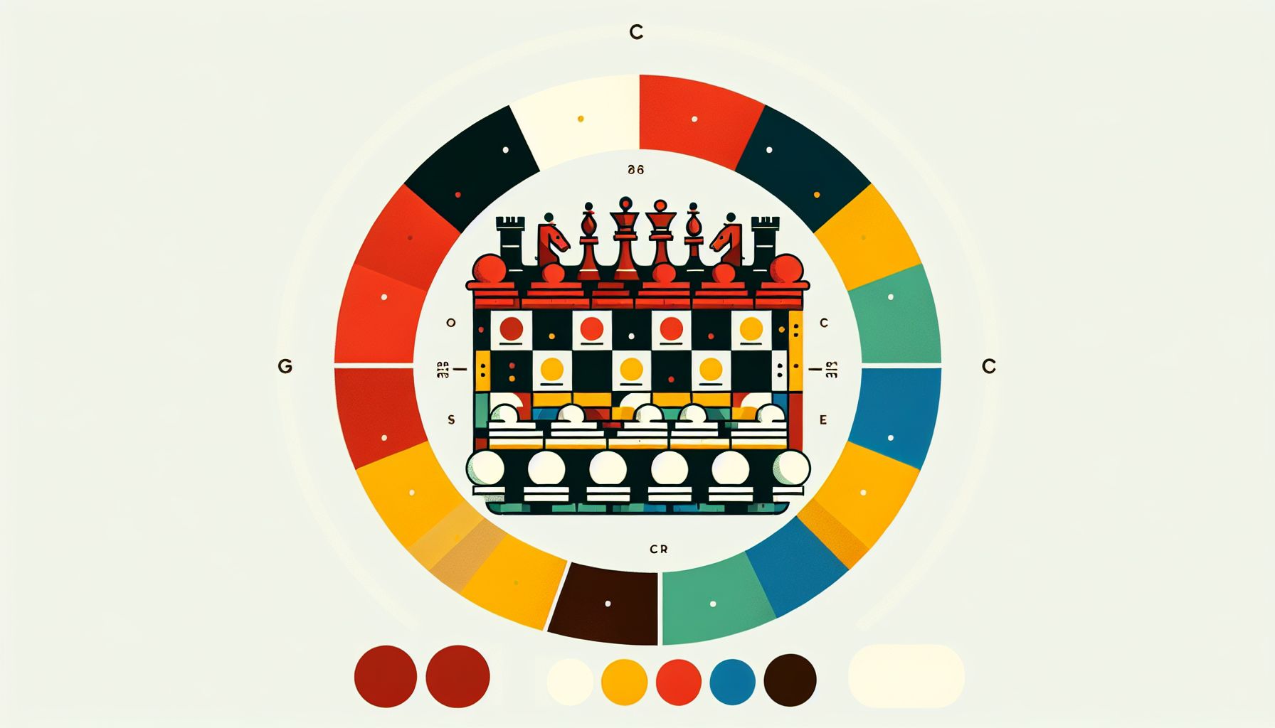 Chessboard in flat illustration style and white background, red #f47574, green #88c7a8, yellow #fcc44b, and blue #645bc8 colors.