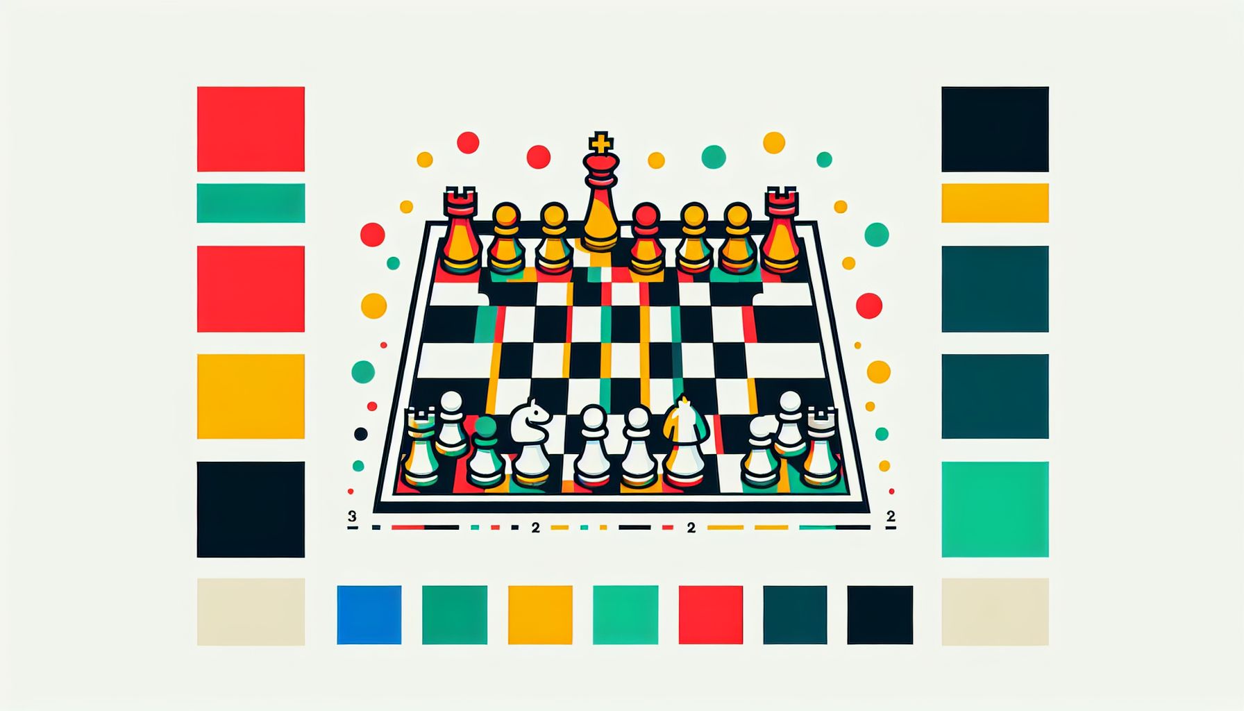 Chessboard in flat illustration style and white background, red #f47574, green #88c7a8, yellow #fcc44b, and blue #645bc8 colors.