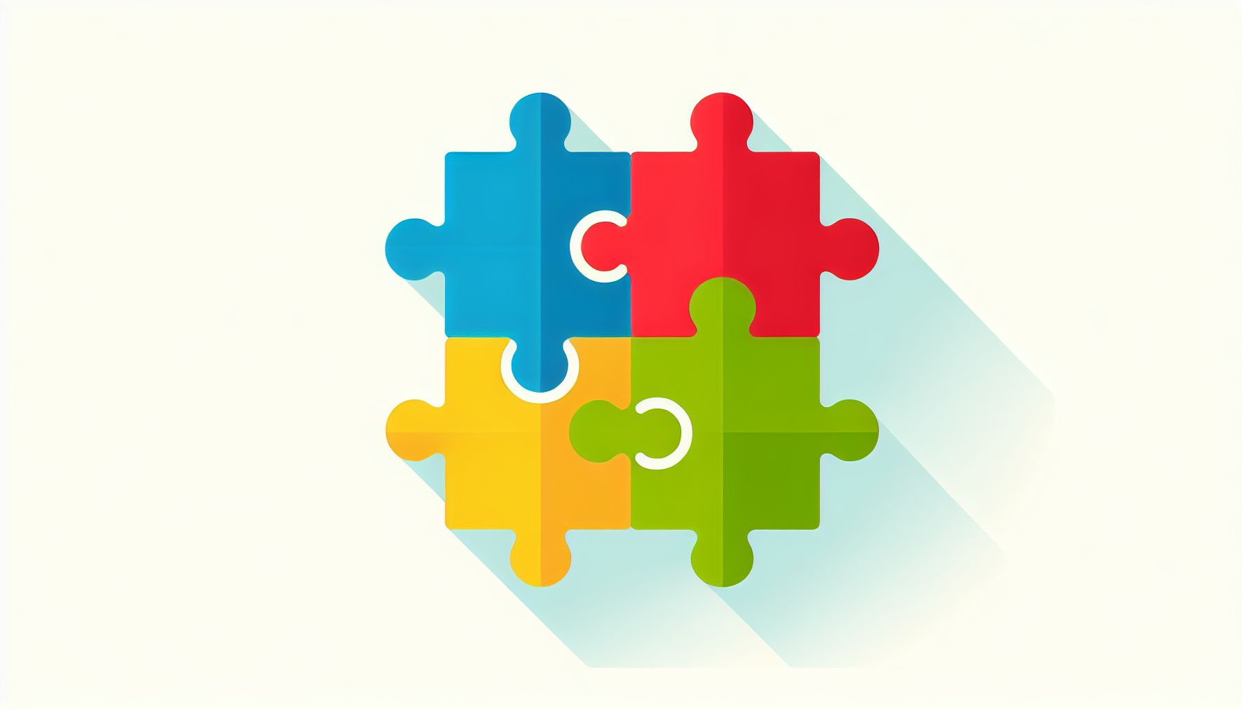 Jigsaw in flat illustration style and white background, red #f47574, green #88c7a8, yellow #fcc44b, and blue #645bc8 colors.