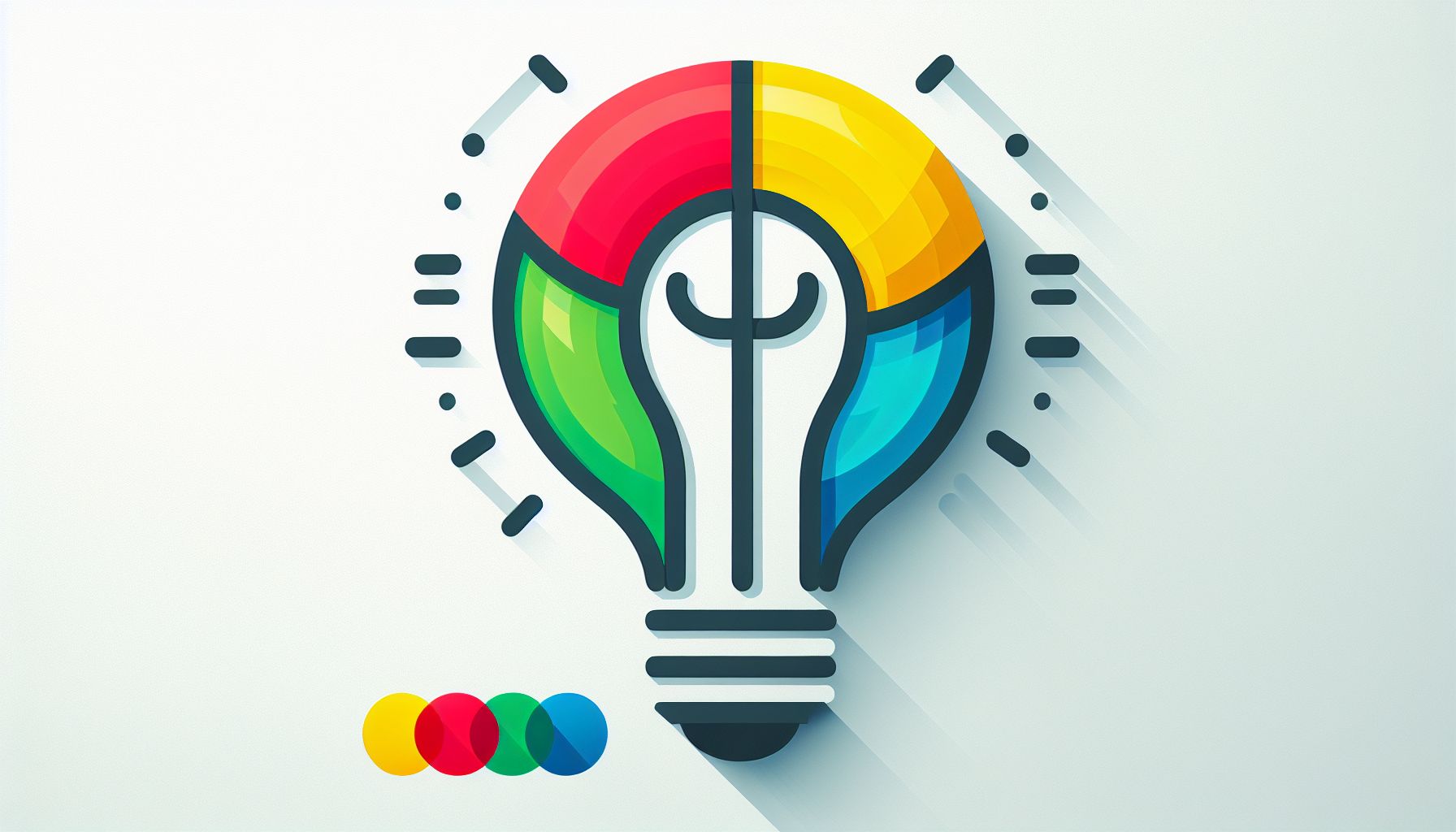 Light bulb in flat illustration style and white background, red #f47574, green #88c7a8, yellow #fcc44b, and blue #645bc8 colors.