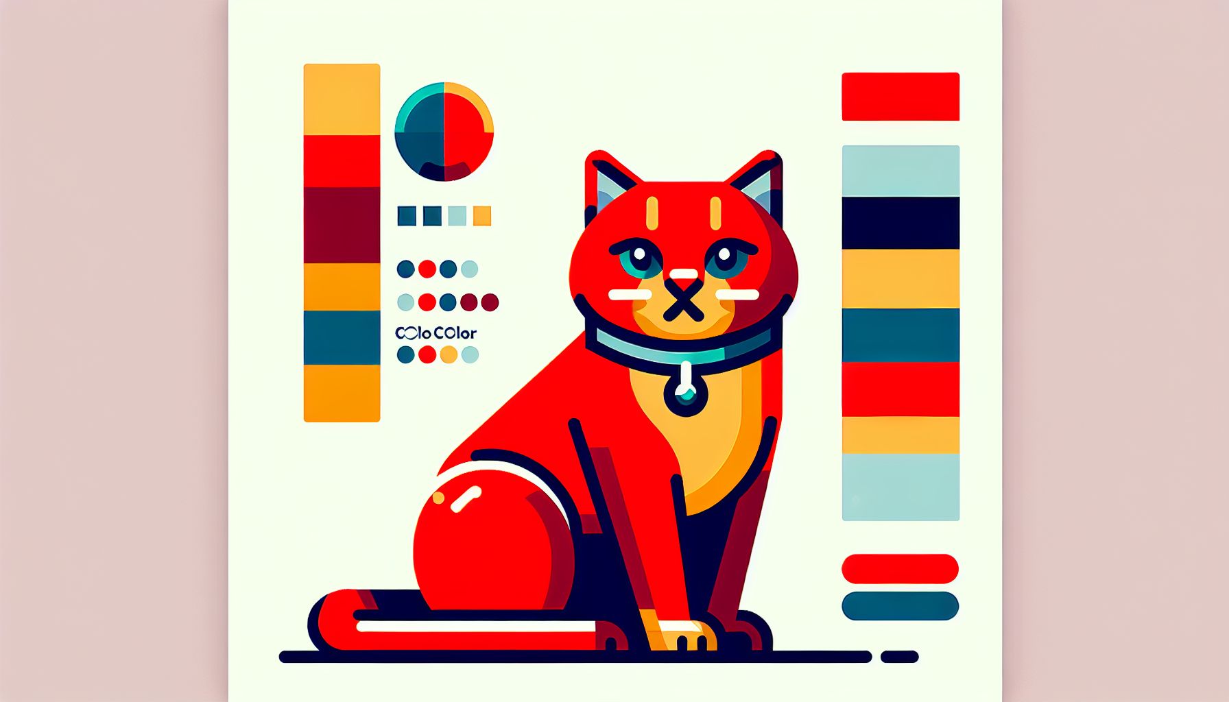 Cat in flat illustration style and white background, red #f47574, green #88c7a8, yellow #fcc44b, and blue #645bc8 colors.