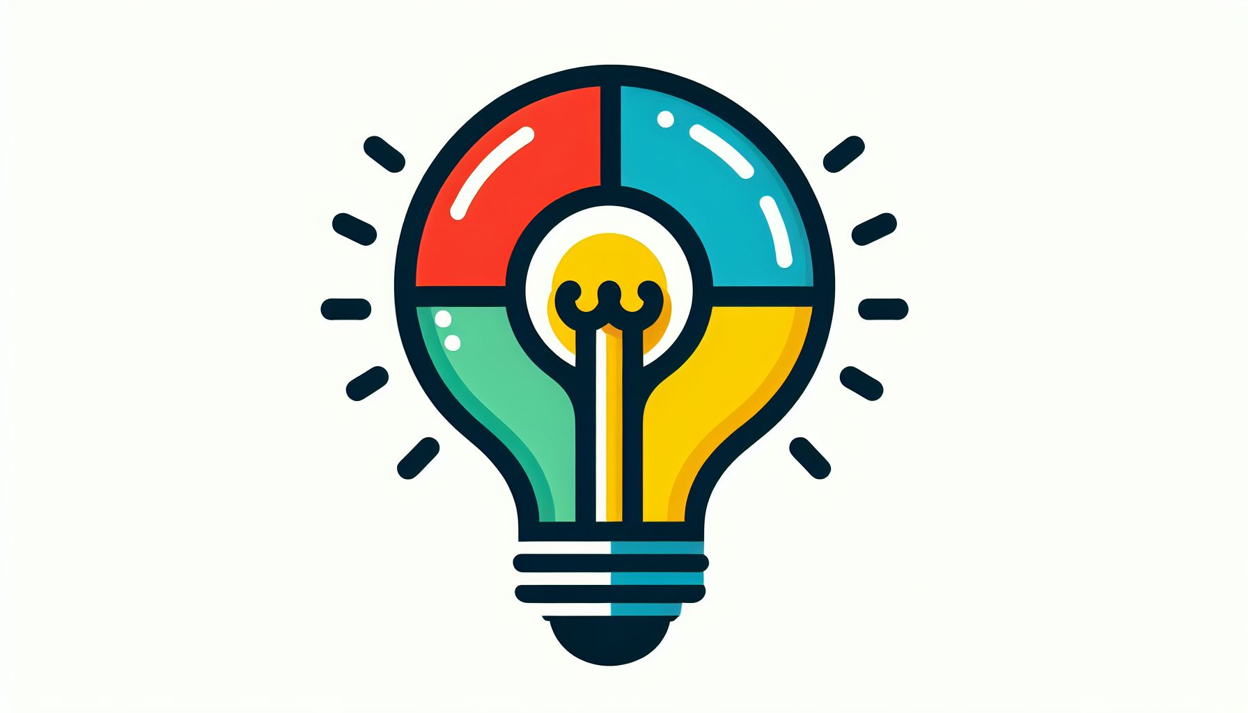 Lightbulb in flat illustration style and white background, red #f47574, green #88c7a8, yellow #fcc44b, and blue #645bc8 colors.