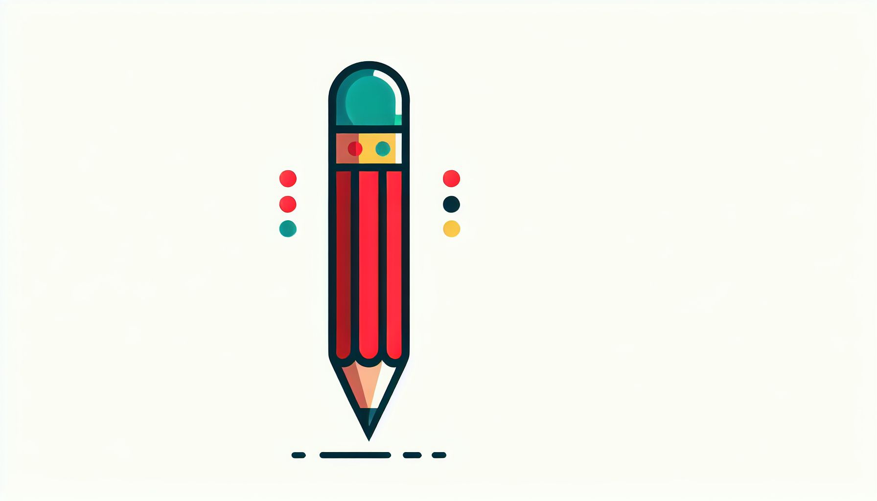 Pencil in flat illustration style and white background, red #f47574, green #88c7a8, yellow #fcc44b, and blue #645bc8 colors.
