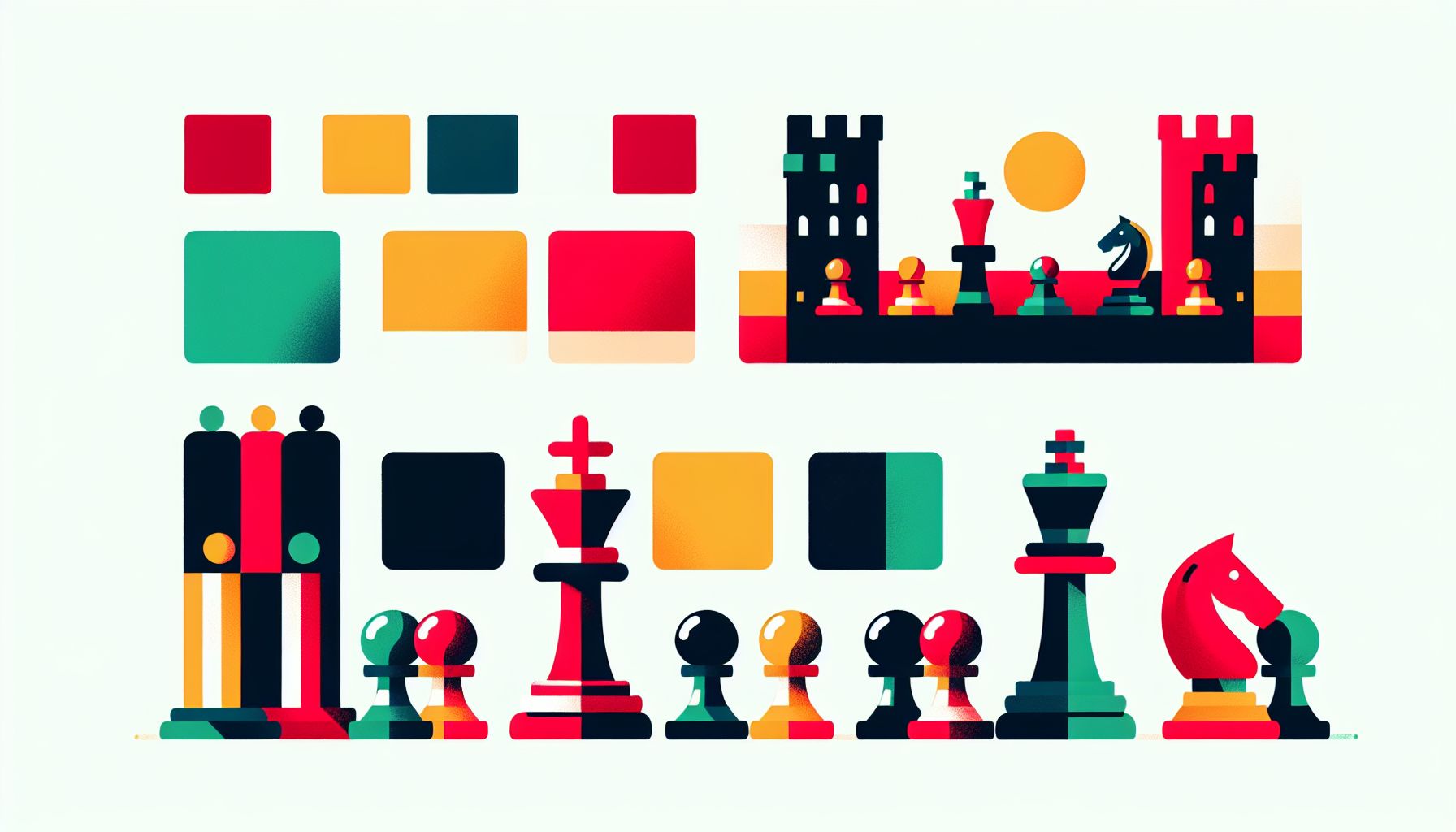 Chess in flat illustration style and white background, red #f47574, green #88c7a8, yellow #fcc44b, and blue #645bc8 colors.