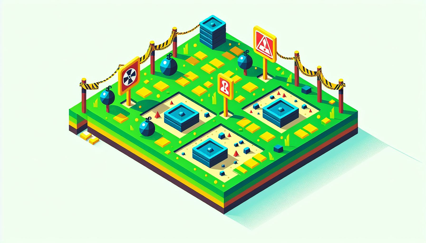 Minefield in flat illustration style and white background, red #f47574, green #88c7a8, yellow #fcc44b, and blue #645bc8 colors.