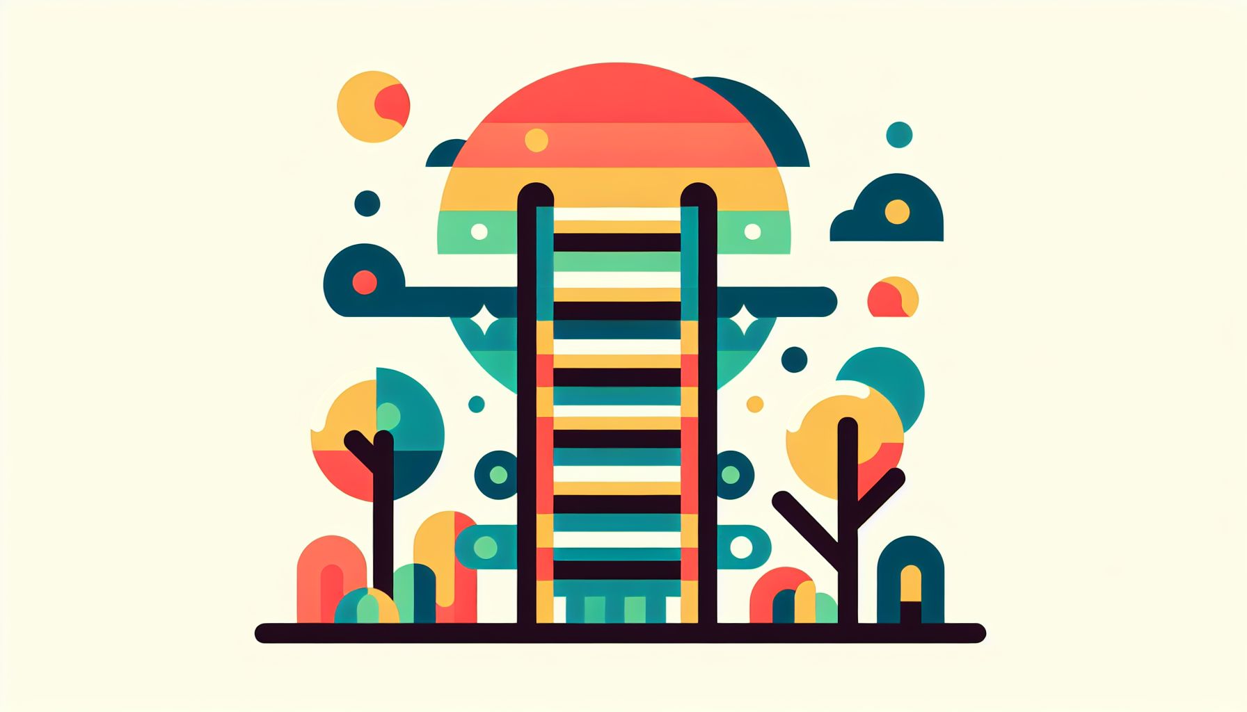 Ladder in flat illustration style and white background, red #f47574, green #88c7a8, yellow #fcc44b, and blue #645bc8 colors.