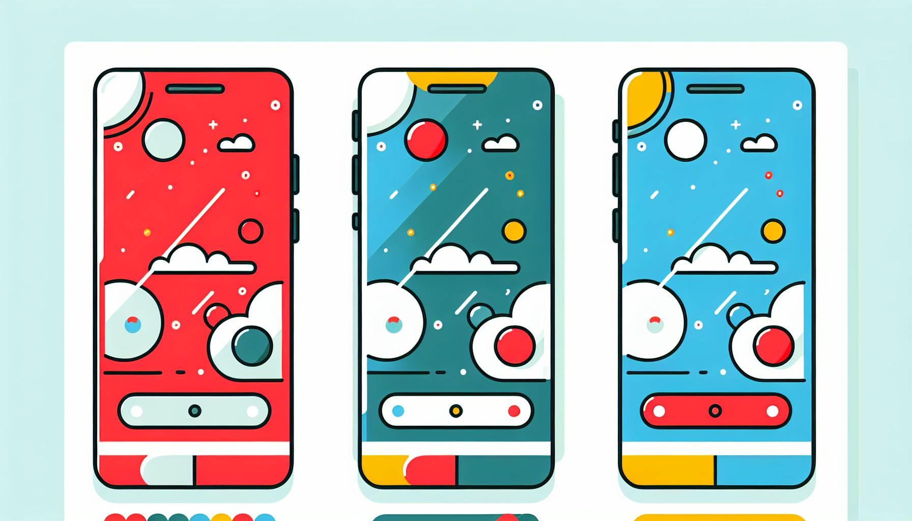 Smartphone in flat illustration style and white background, red #f47574, green #88c7a8, yellow #fcc44b, and blue #645bc8 colors.
