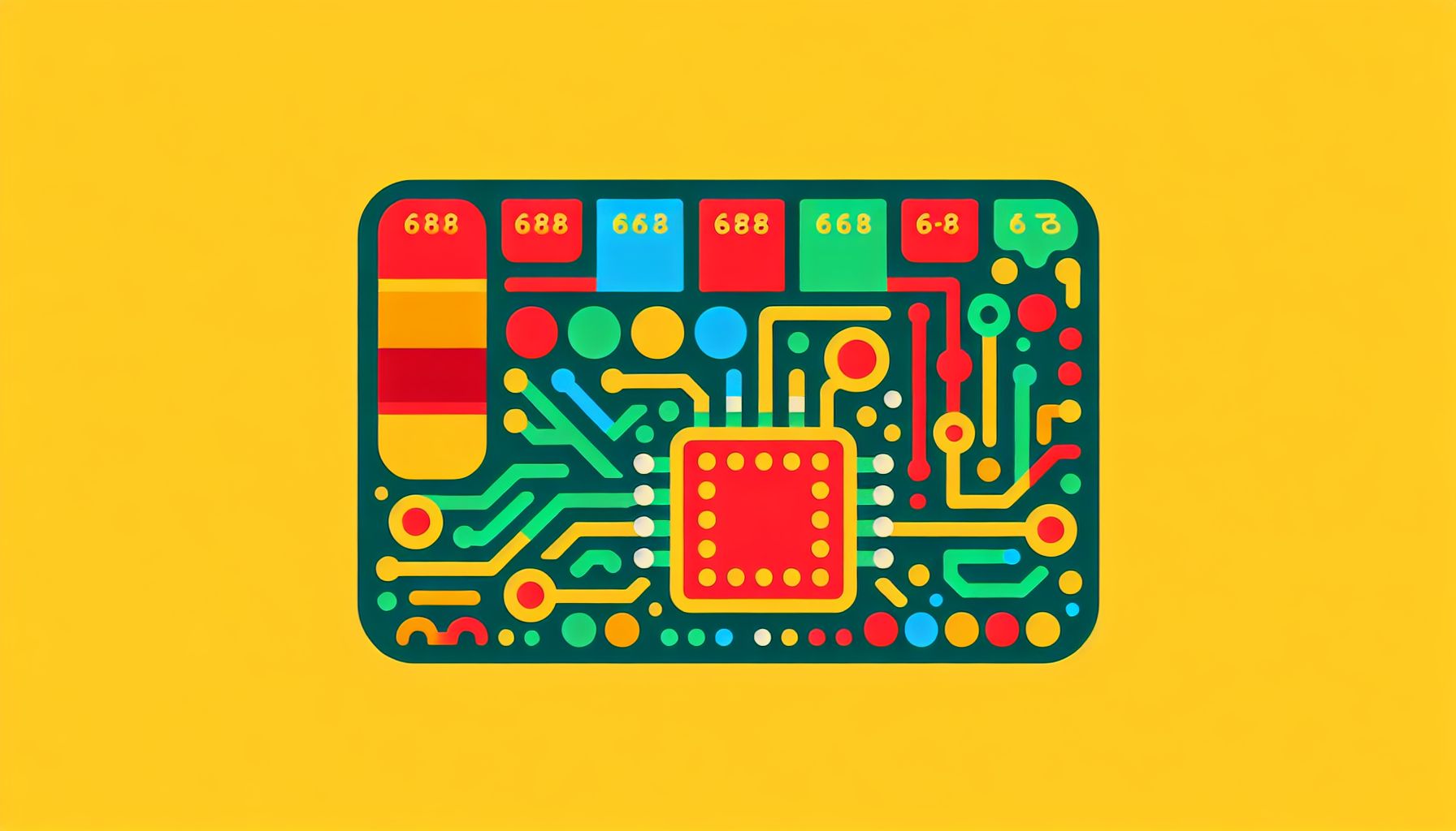 Circuitboard in flat illustration style and white background, red #f47574, green #88c7a8, yellow #fcc44b, and blue #645bc8 colors.