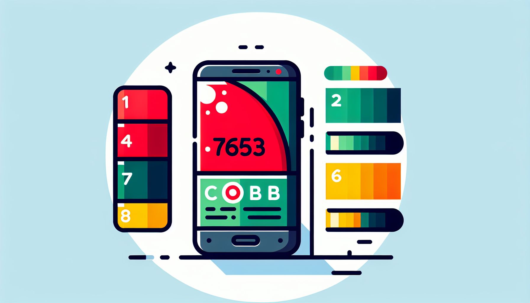 Smartphone in flat illustration style and white background, red #f47574, green #88c7a8, yellow #fcc44b, and blue #645bc8 colors.