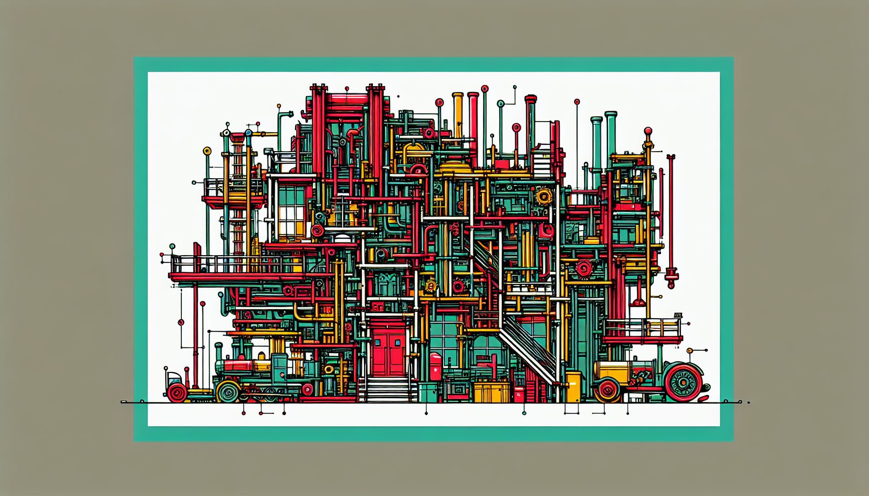 Blueprint in flat illustration style and white background, red #f47574, green #88c7a8, yellow #fcc44b, and blue #645bc8 colors.
