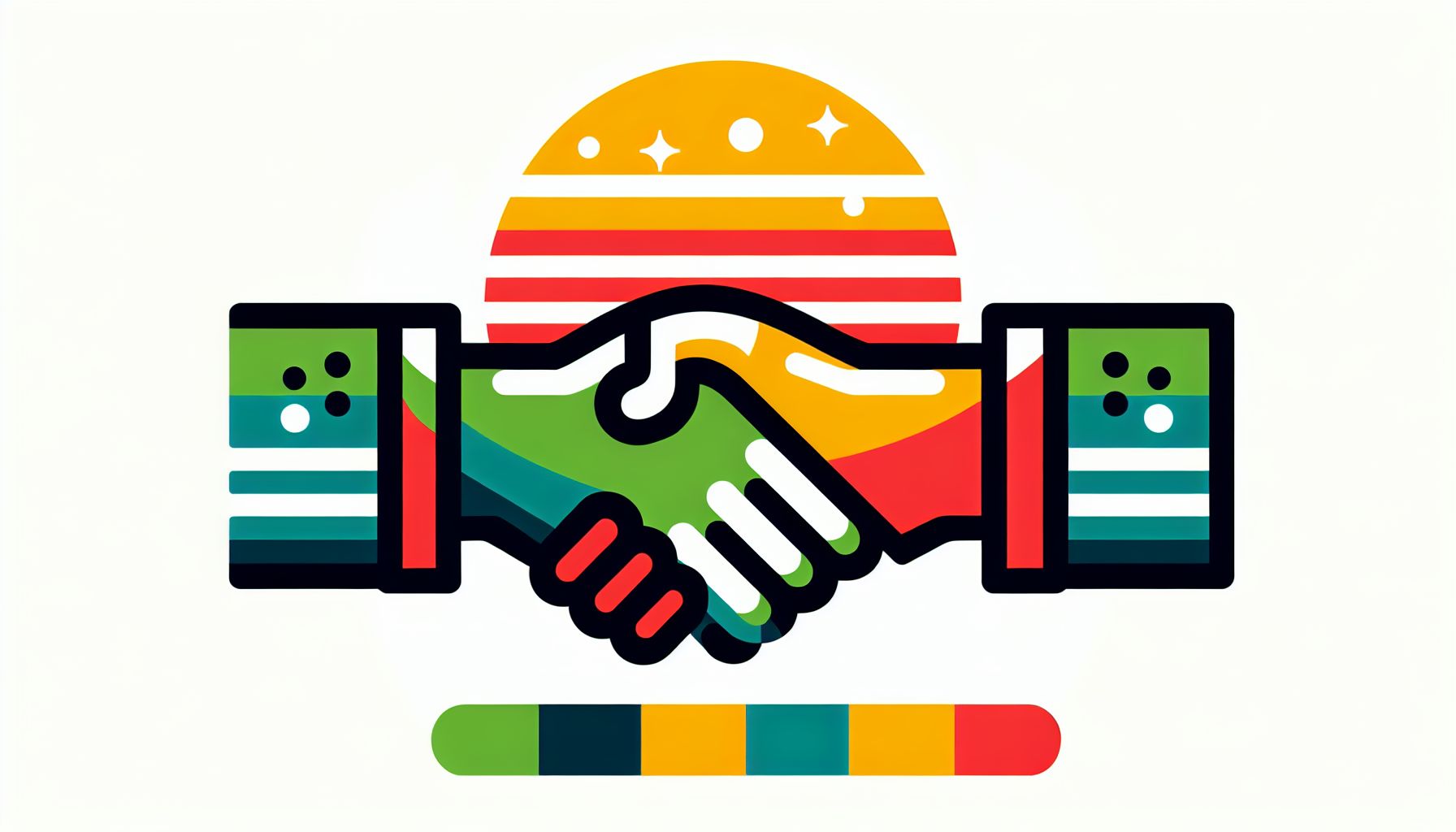 Handshake in flat illustration style and white background, red #f47574, green #88c7a8, yellow #fcc44b, and blue #645bc8 colors.