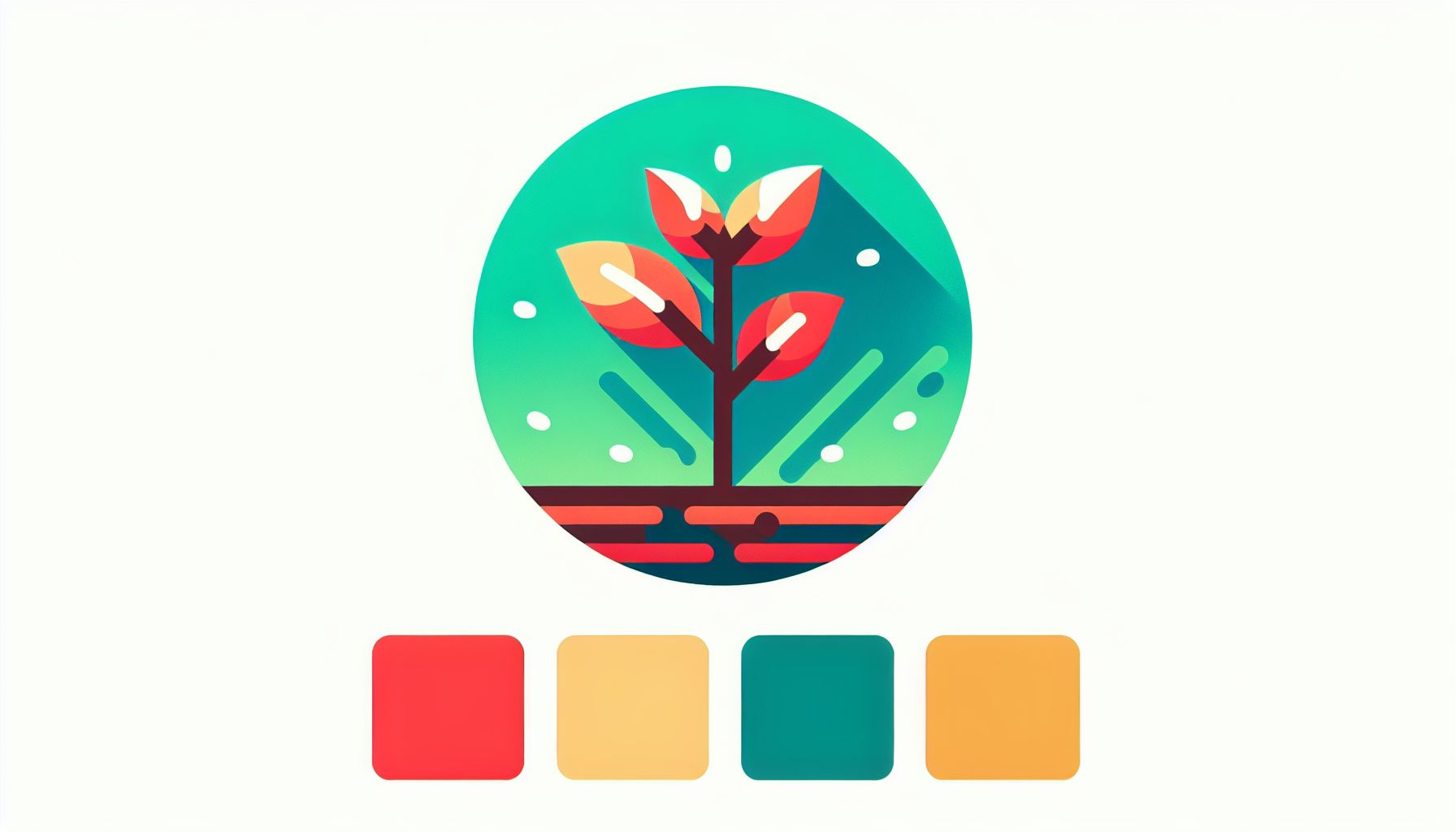 Seedling in flat illustration style and white background, red #f47574, green #88c7a8, yellow #fcc44b, and blue #645bc8 colors.
