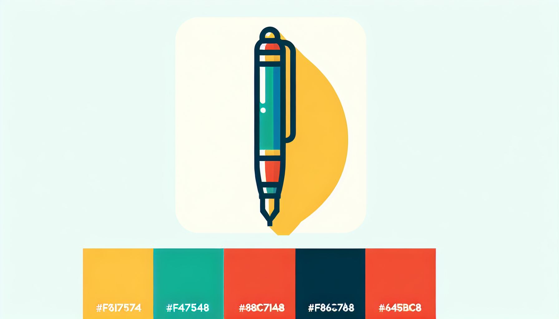 Pen in flat illustration style and white background, red #f47574, green #88c7a8, yellow #fcc44b, and blue #645bc8 colors.
