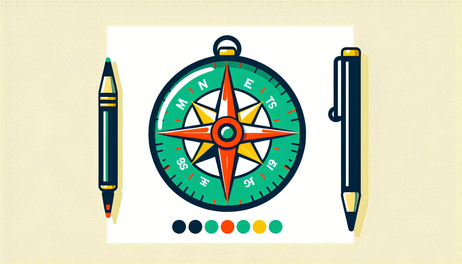 Compass in flat illustration style and white background, red #f47574, green #88c7a8, yellow #fcc44b, and blue #645bc8 colors.