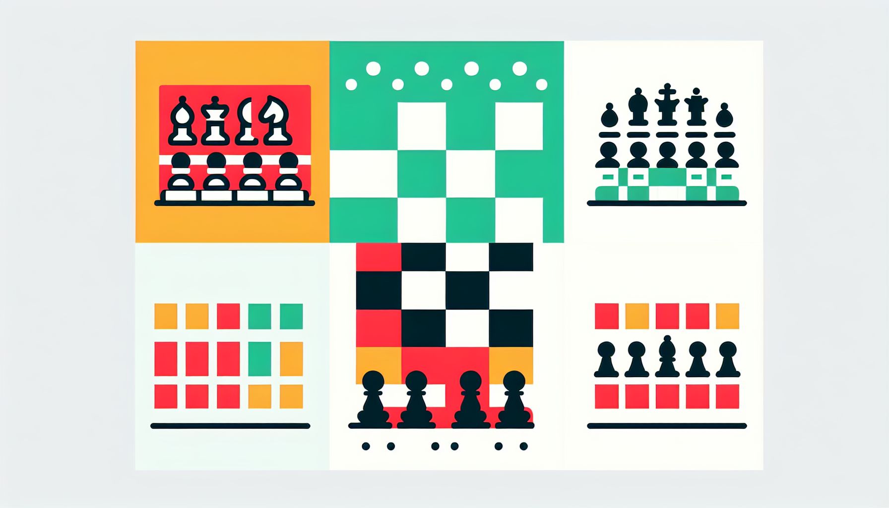 Chessboard in flat illustration style and white background, red #f47574, green #88c7a8, yellow #fcc44b, and blue #645bc8 colors.