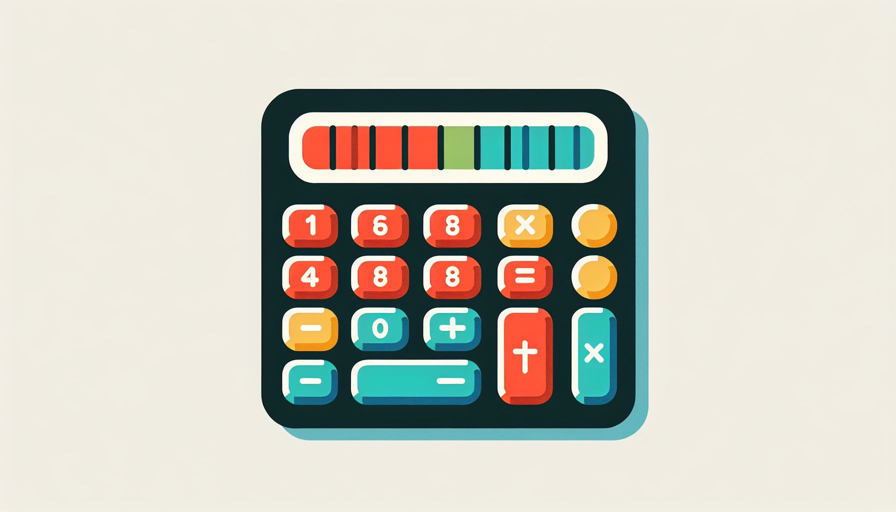Calculator in flat illustration style and white background, red #f47574, green #88c7a8, yellow #fcc44b, and blue #645bc8 colors.
