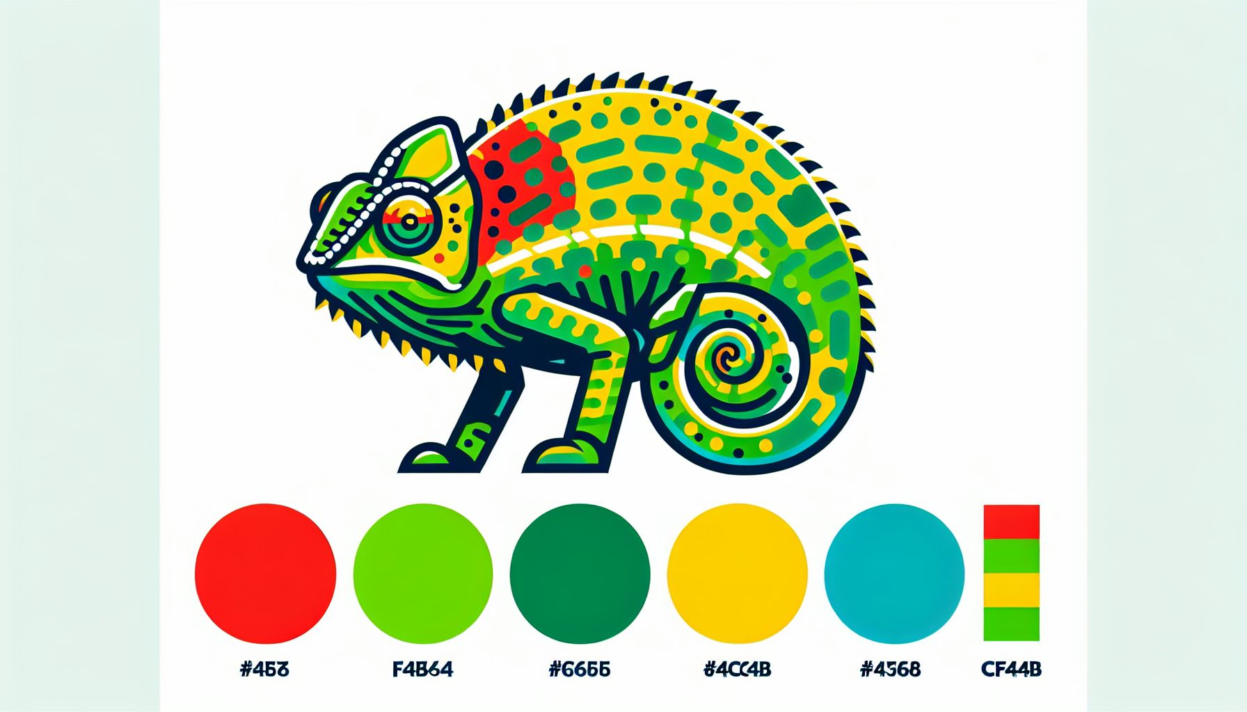 Chameleon in flat illustration style and white background, red #f47574, green #88c7a8, yellow #fcc44b, and blue #645bc8 colors.