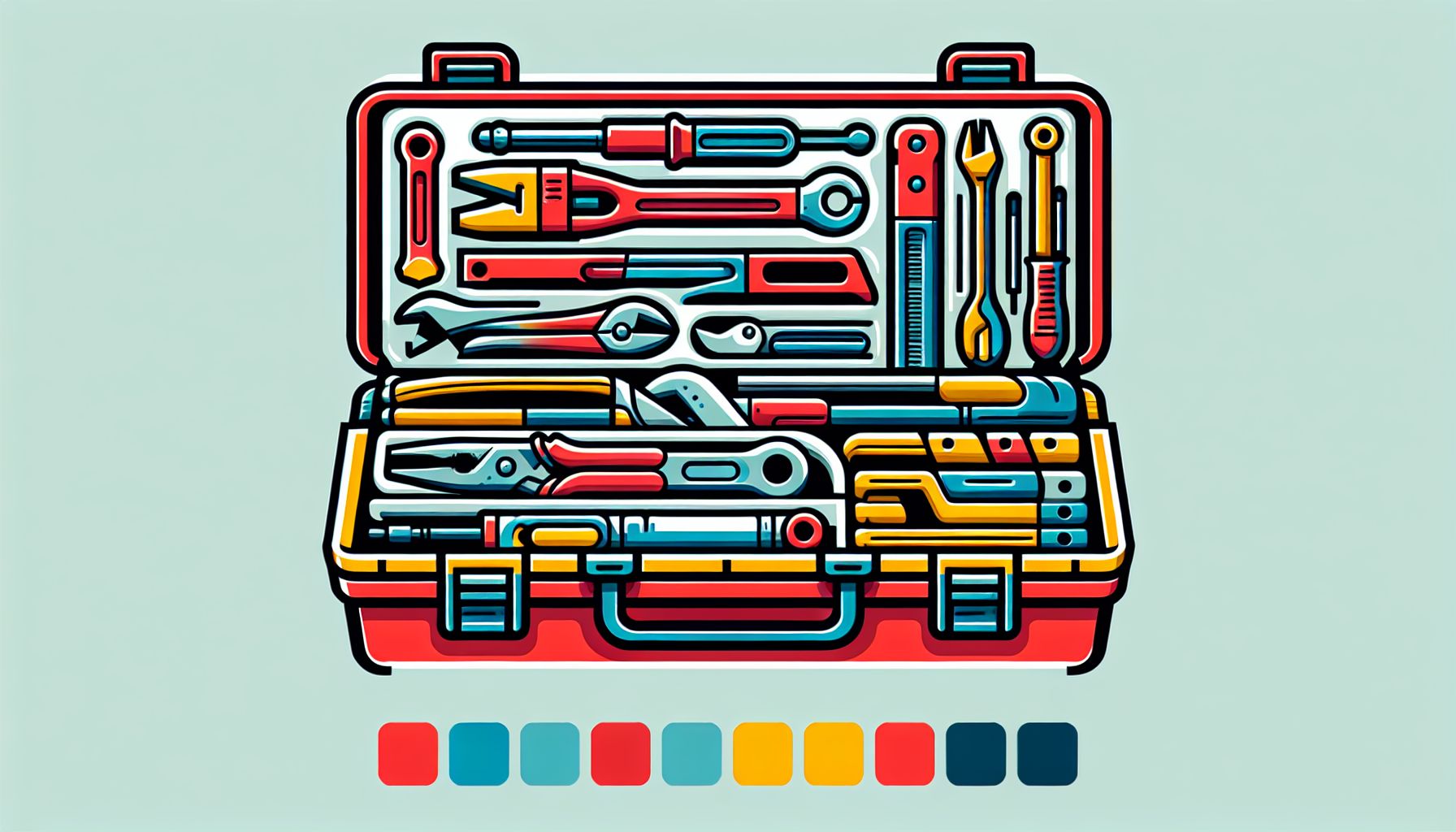 Toolbox in flat illustration style and white background, red #f47574, green #88c7a8, yellow #fcc44b, and blue #645bc8 colors.