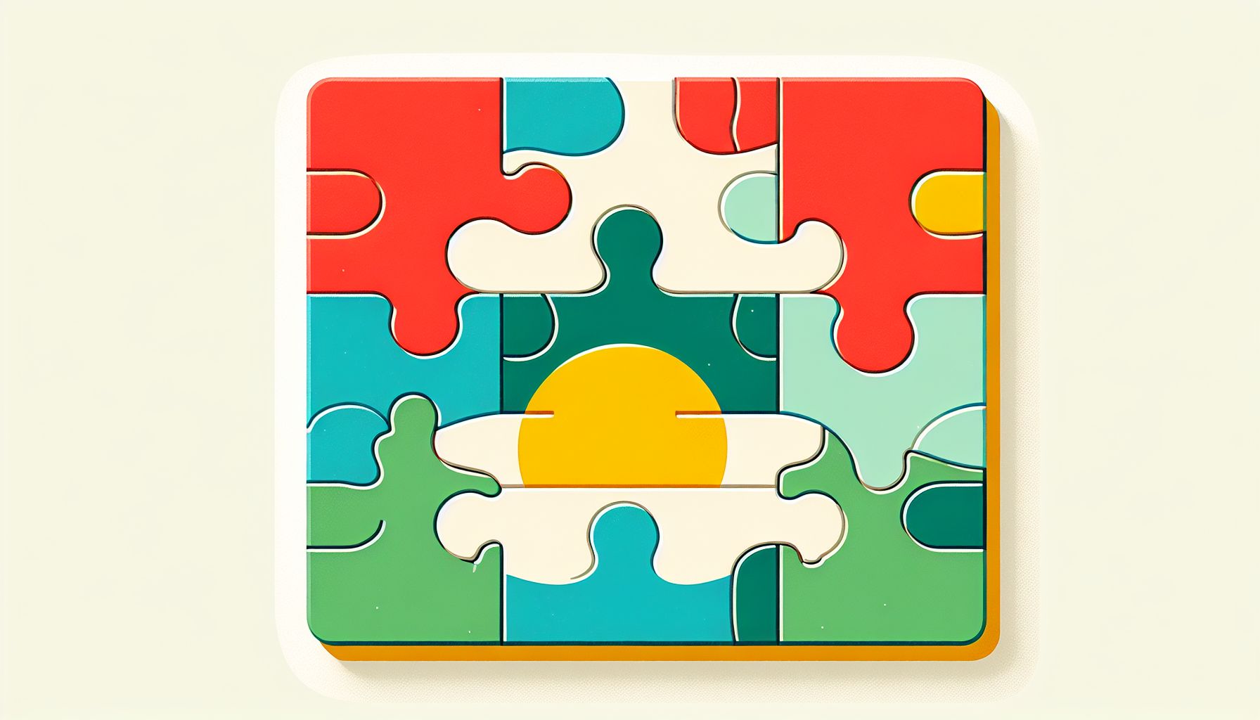 Puzzle in flat illustration style and white background, red #f47574, green #88c7a8, yellow #fcc44b, and blue #645bc8 colors.