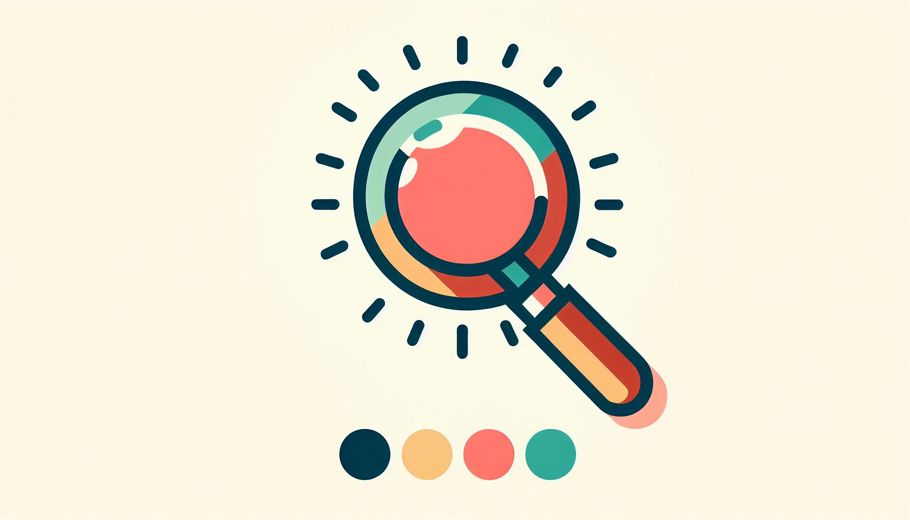 Magnifying Glass in flat illustration style and white background, red #f47574, green #88c7a8, yellow #fcc44b, and blue #645bc8 colors.