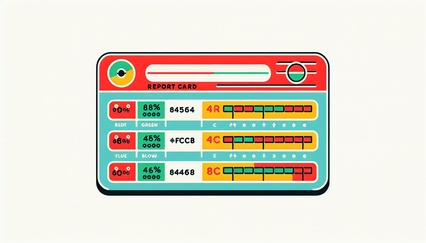 Boletín de calificaciones en estilo de ilustración plana y fondo blanco, colores rojo #f47574, verde #88c7a8, amarillo #fcc44b y azul #645bc8.