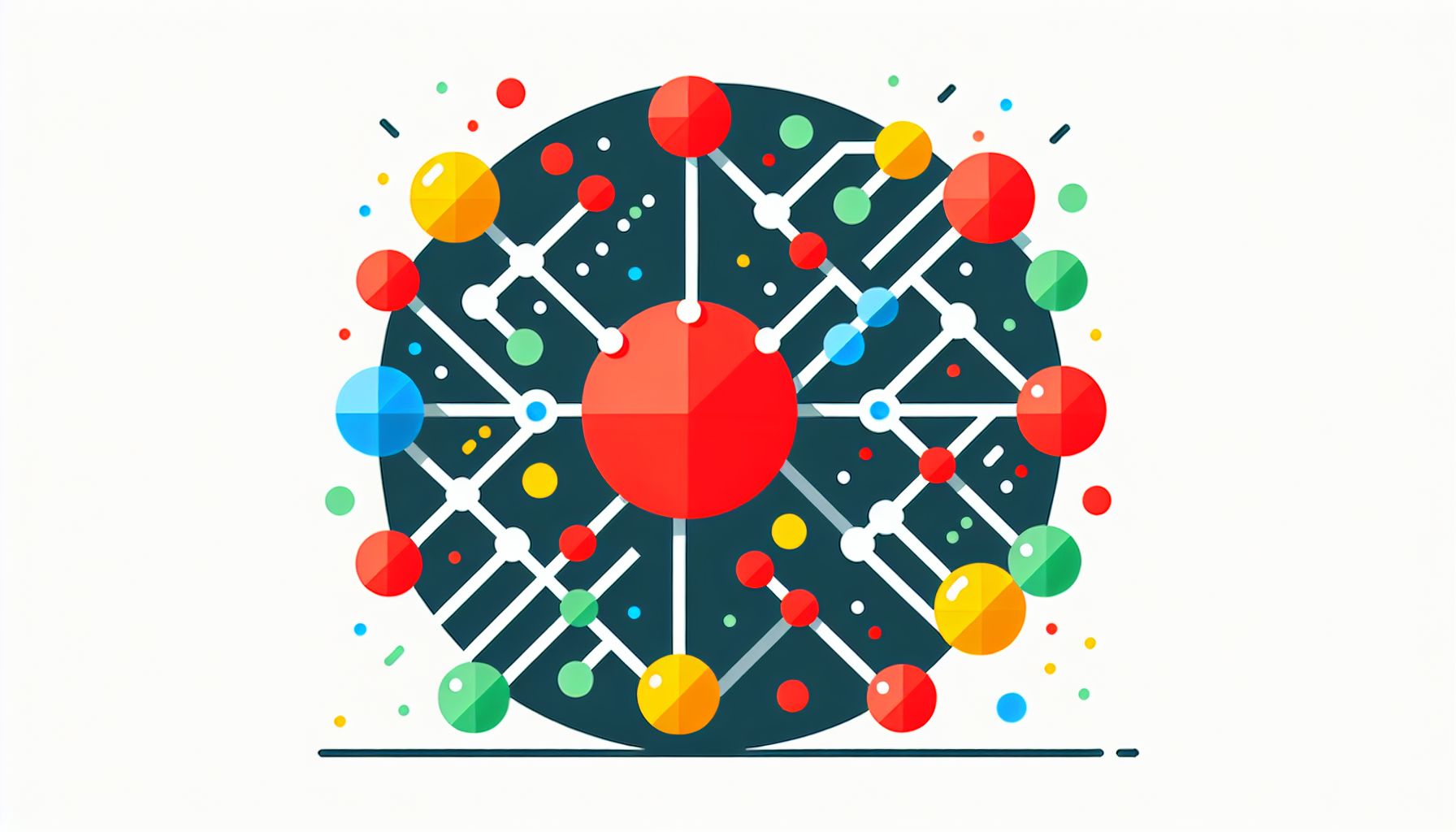 Network in flat illustration style and white background, red #f47574, green #88c7a8, yellow #fcc44b, and blue #645bc8 colors.