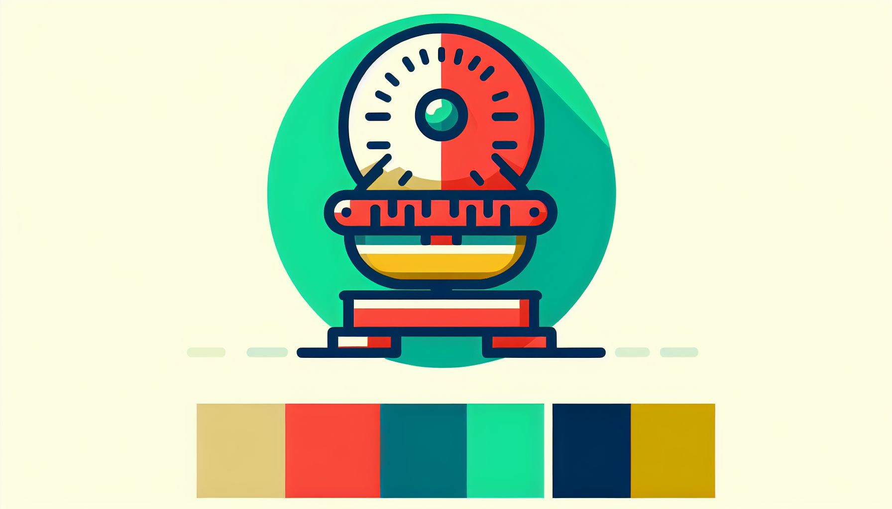 Scale in flat illustration style and white background, red #f47574, green #88c7a8, yellow #fcc44b, and blue #645bc8 colors.