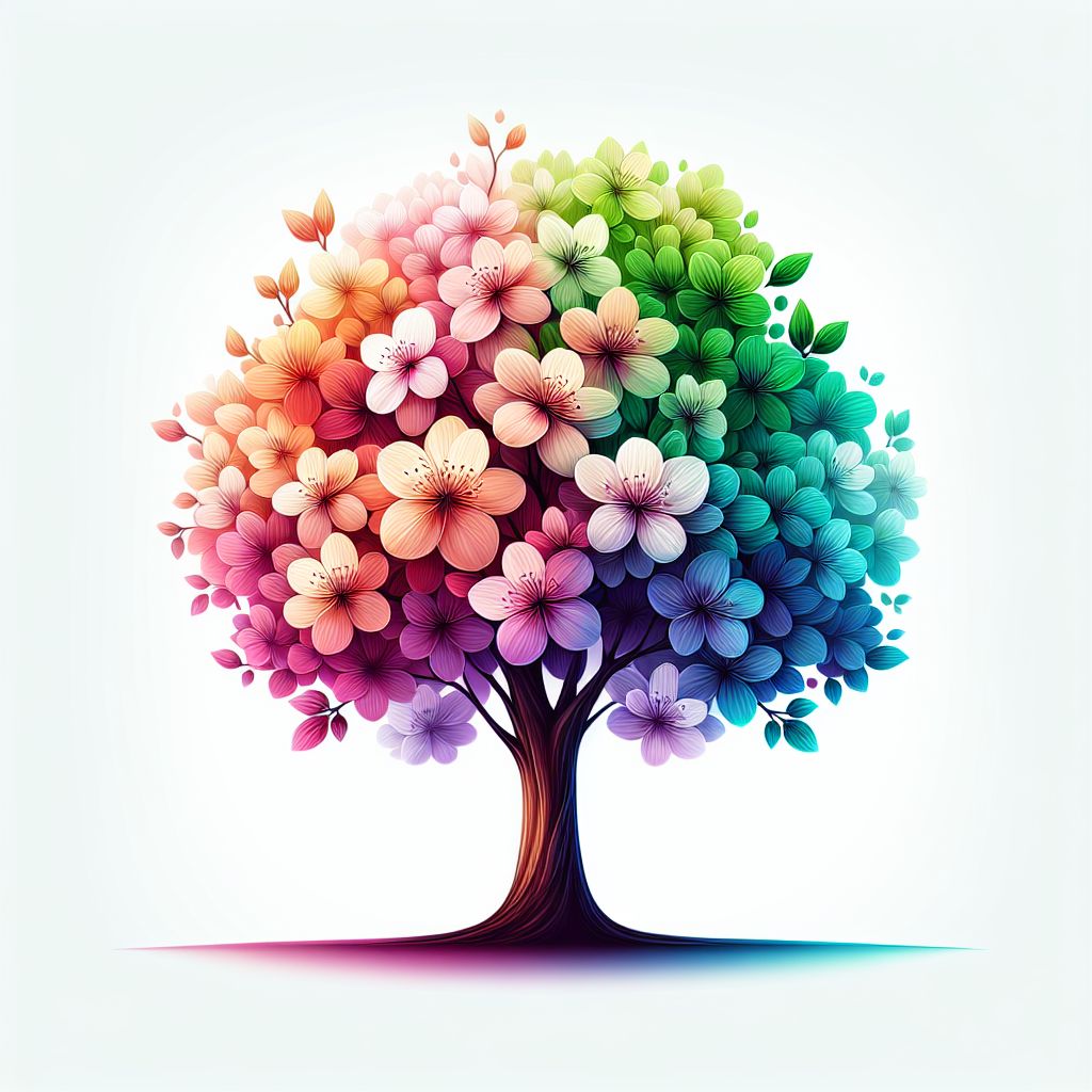 Blossoming tree in illustration style with gradients and white background