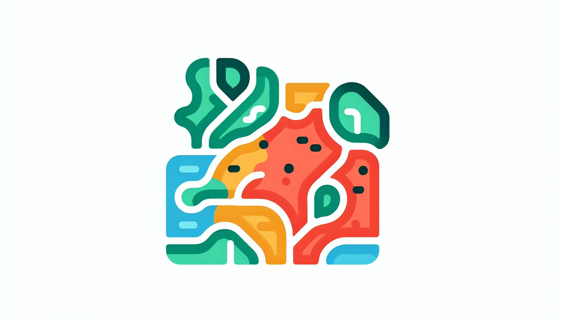 Map in flat illustration style and white background, red #f47574, green #88c7a8, yellow #fcc44b, and blue #645bc8 colors.