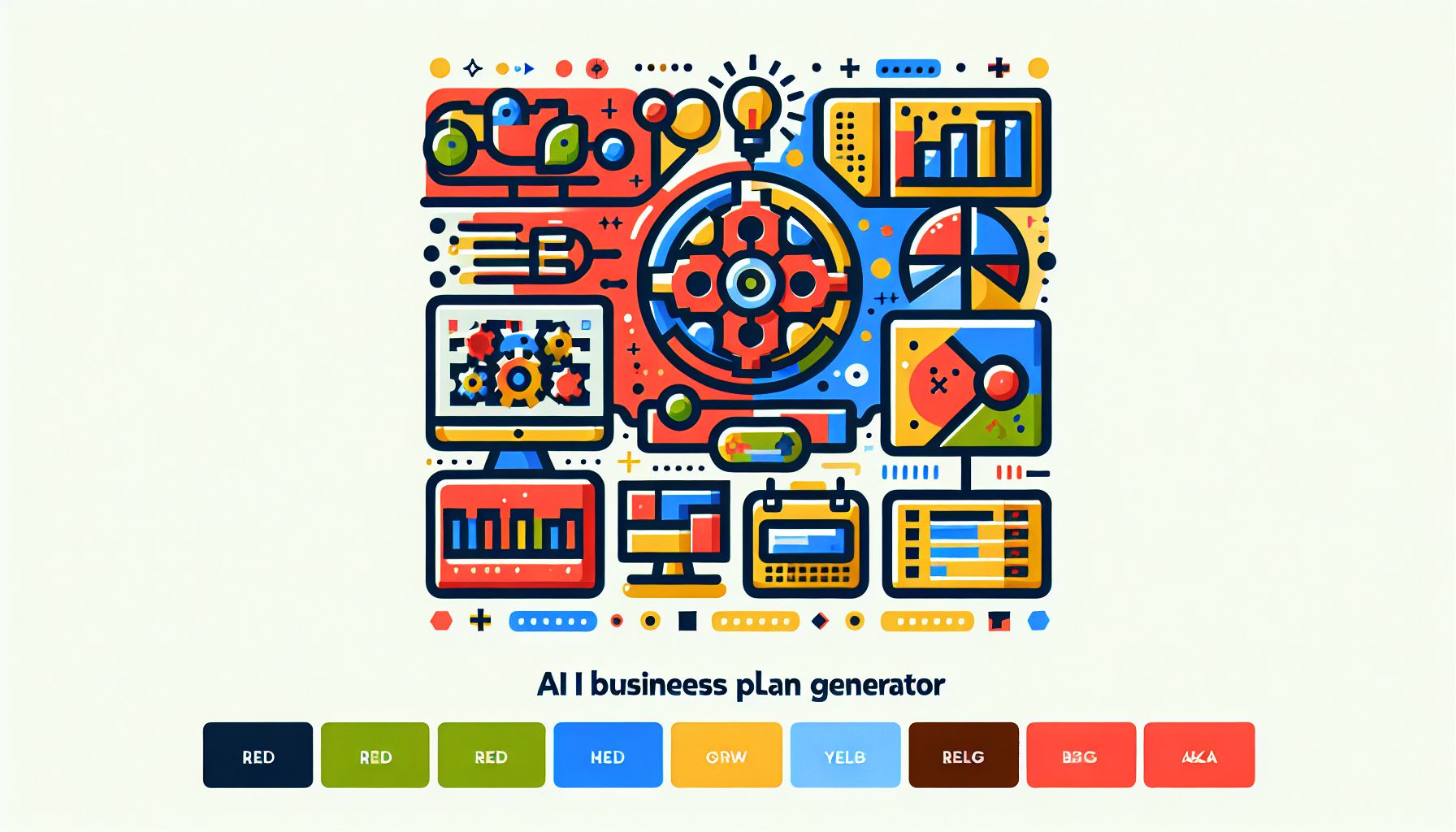 AI Business Plan Generator in flat illustration style and white background, red #f47574, green #88c7a8, yellow #fcc44b, and blue #645bc8 colors.