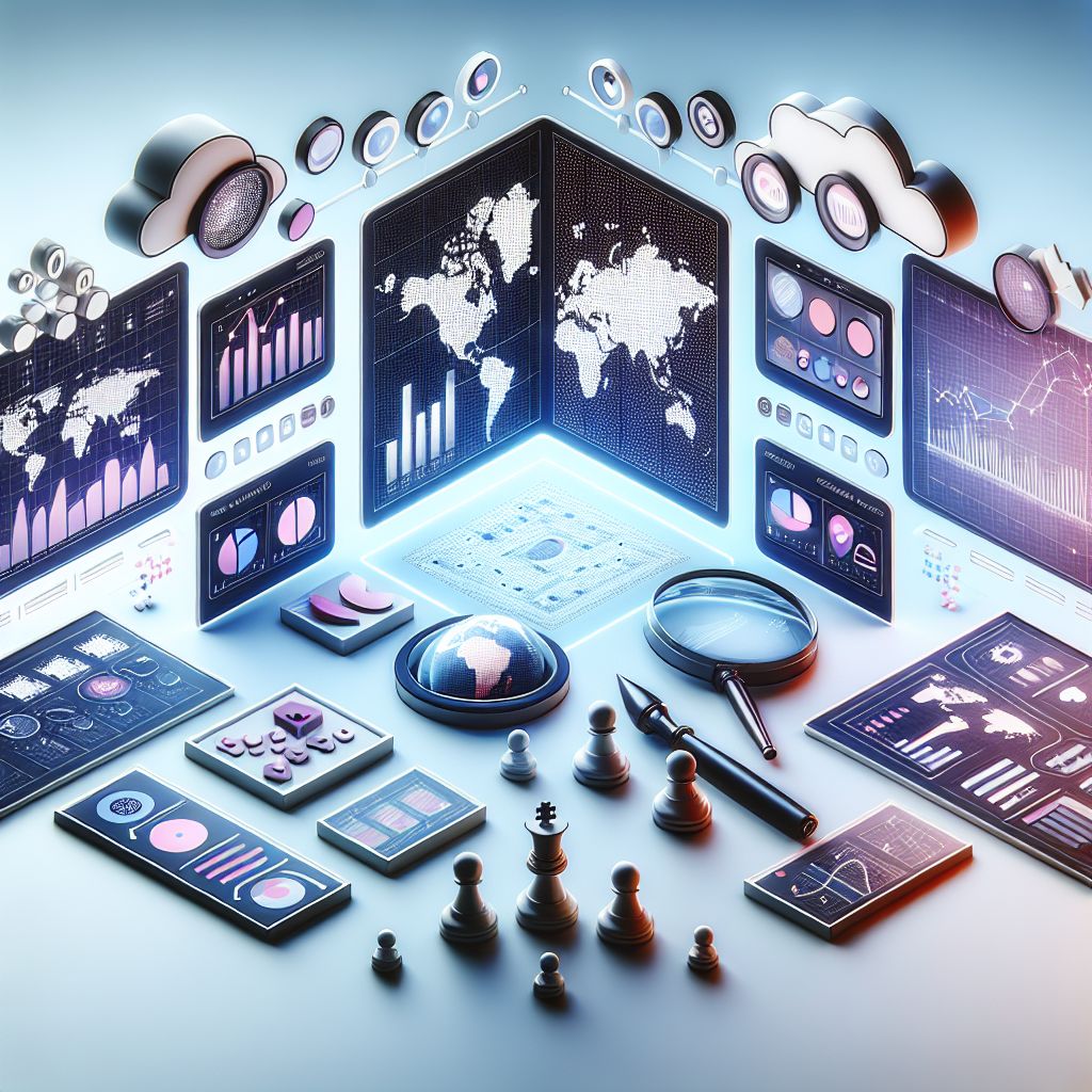 Competitive intelligence software solutions in illustration style with gradients and white background