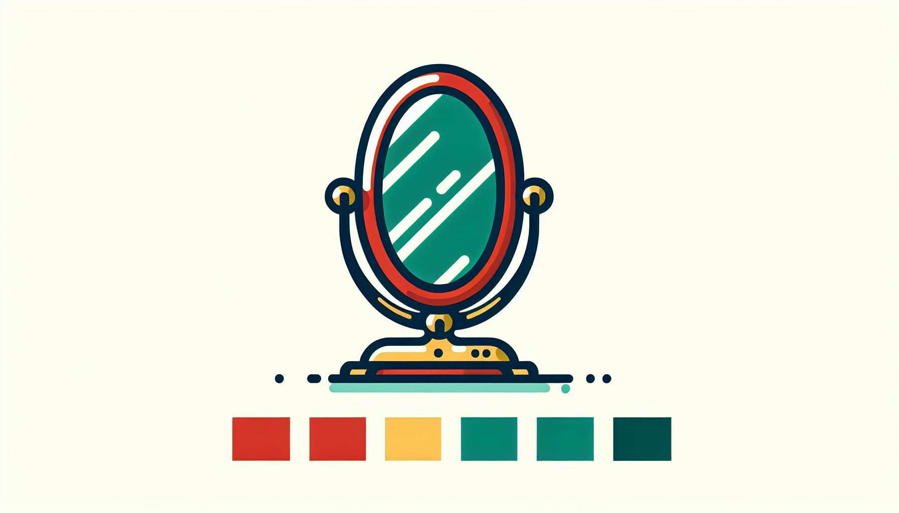 Mirror in flat illustration style and white background, red #f47574, green #88c7a8, yellow #fcc44b, and blue #645bc8 colors.