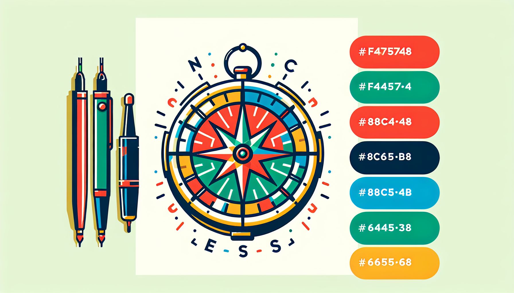 Compass in flat illustration style and white background, red #f47574, green #88c7a8, yellow #fcc44b, and blue #645bc8 colors.