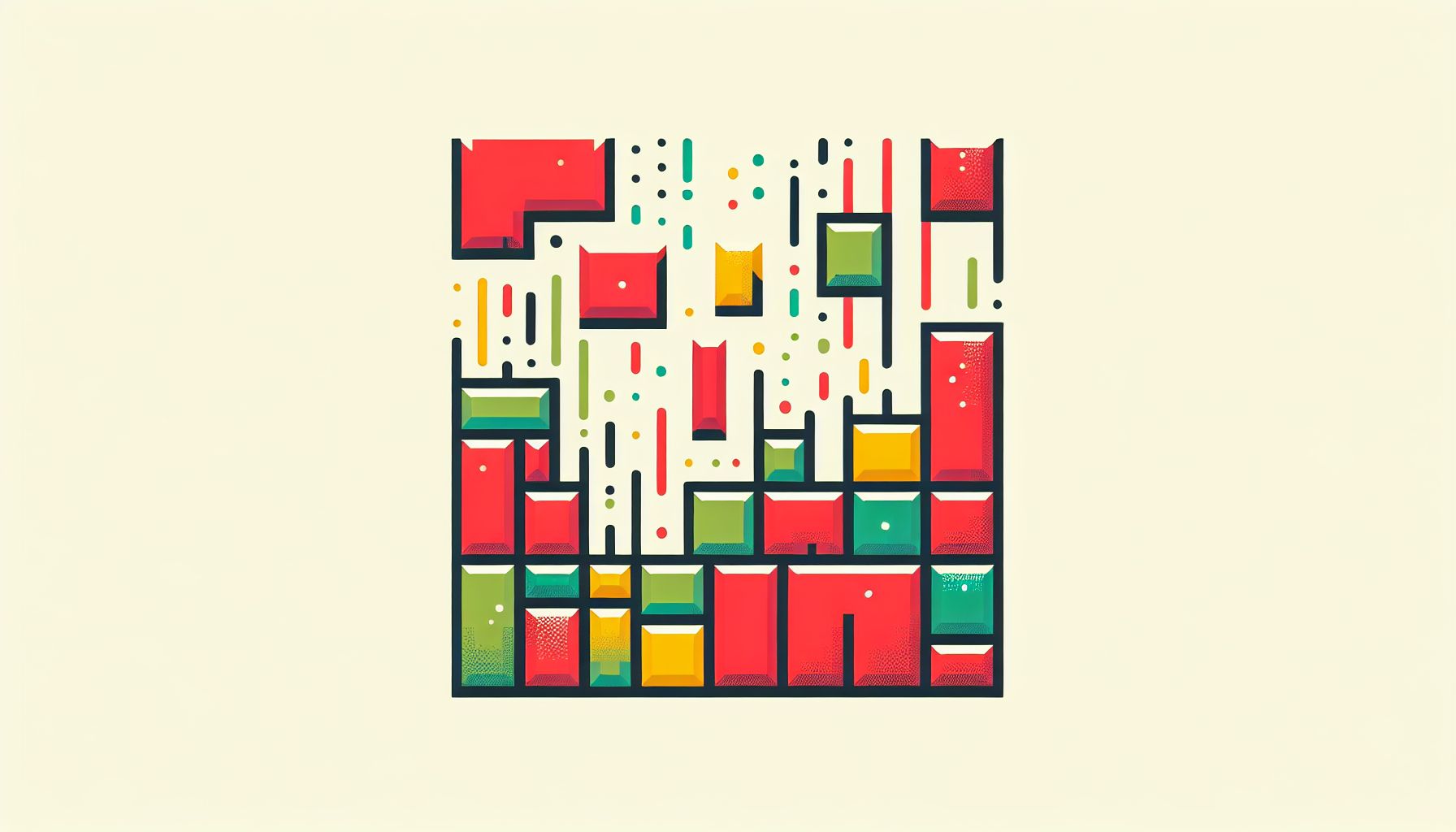 Tetris in flat illustration style and white background, red #f47574, green #88c7a8, yellow #fcc44b, and blue #645bc8 colors.