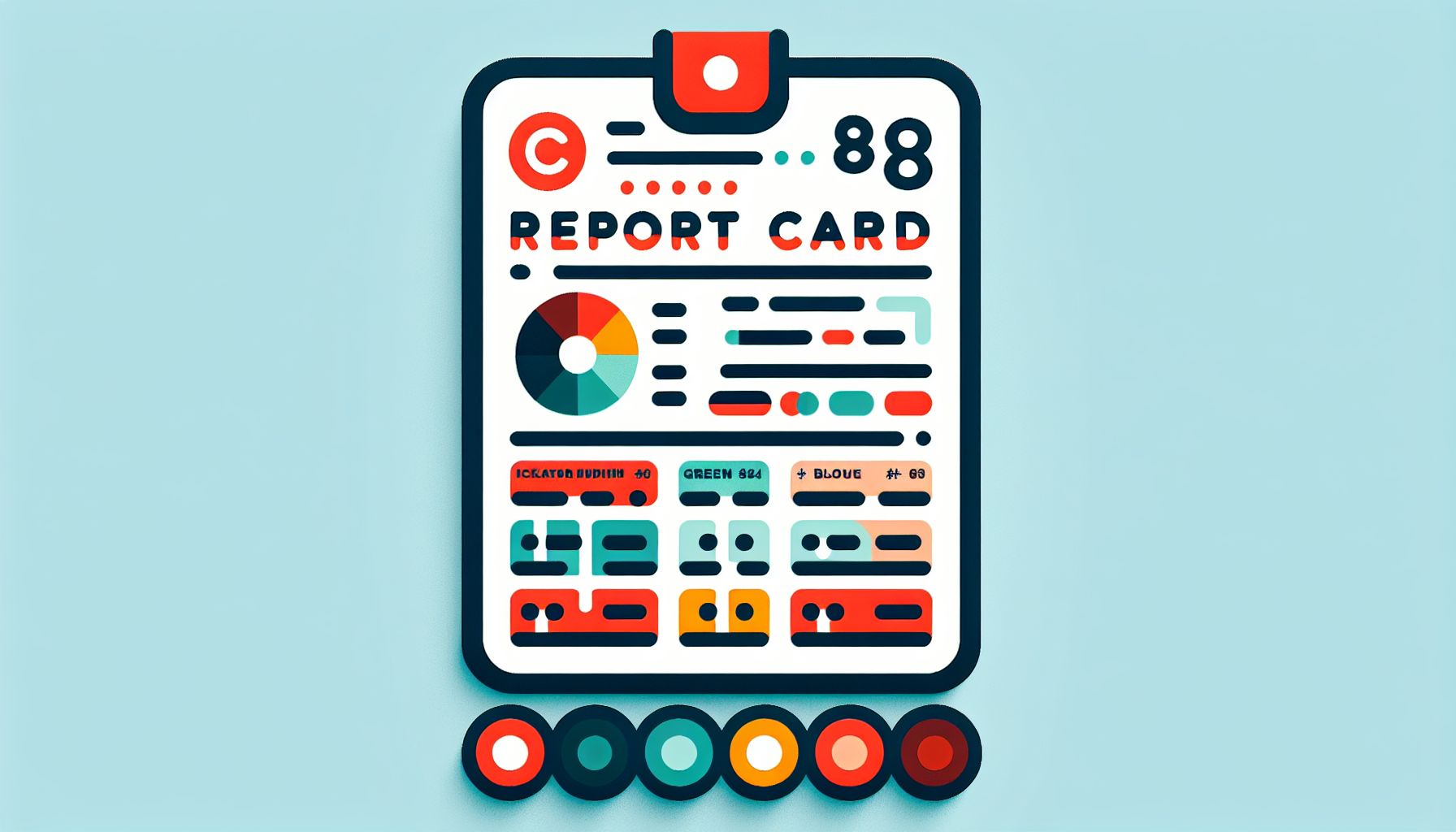 Report Card in flat illustration style and white background, red #f47574, green #88c7a8, yellow #fcc44b, and blue #645bc8 colors.