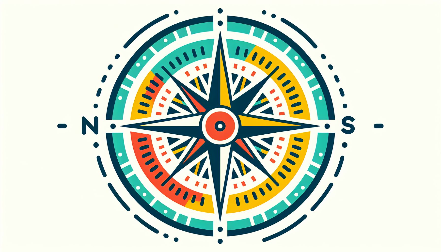 Compass in flat illustration style and white background, red #f47574, green #88c7a8, yellow #fcc44b, and blue #645bc8 colors.