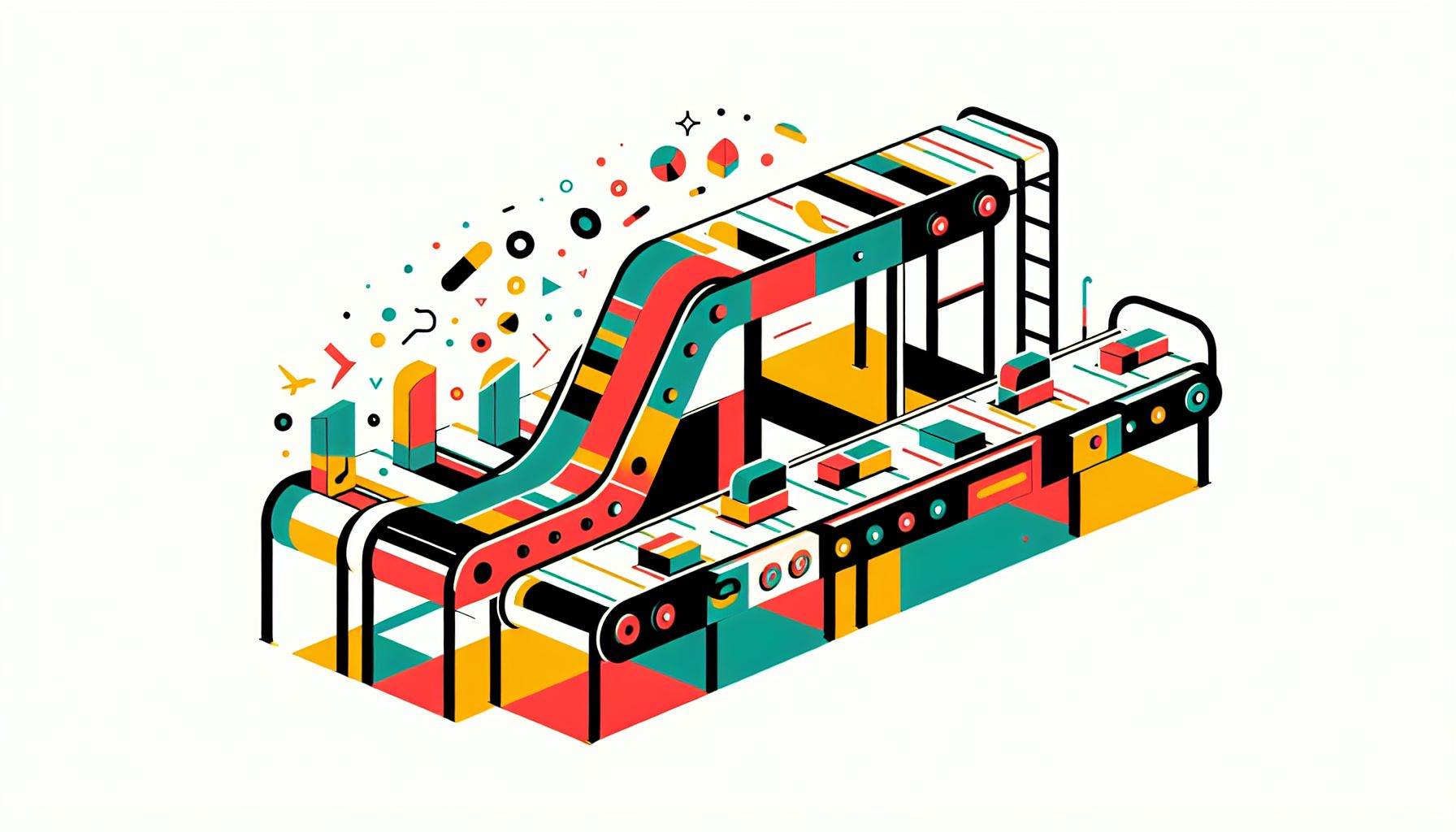 Conveyor belt in flat illustration style and white background, red #f47574, green #88c7a8, yellow #fcc44b, and blue #645bc8 colors.