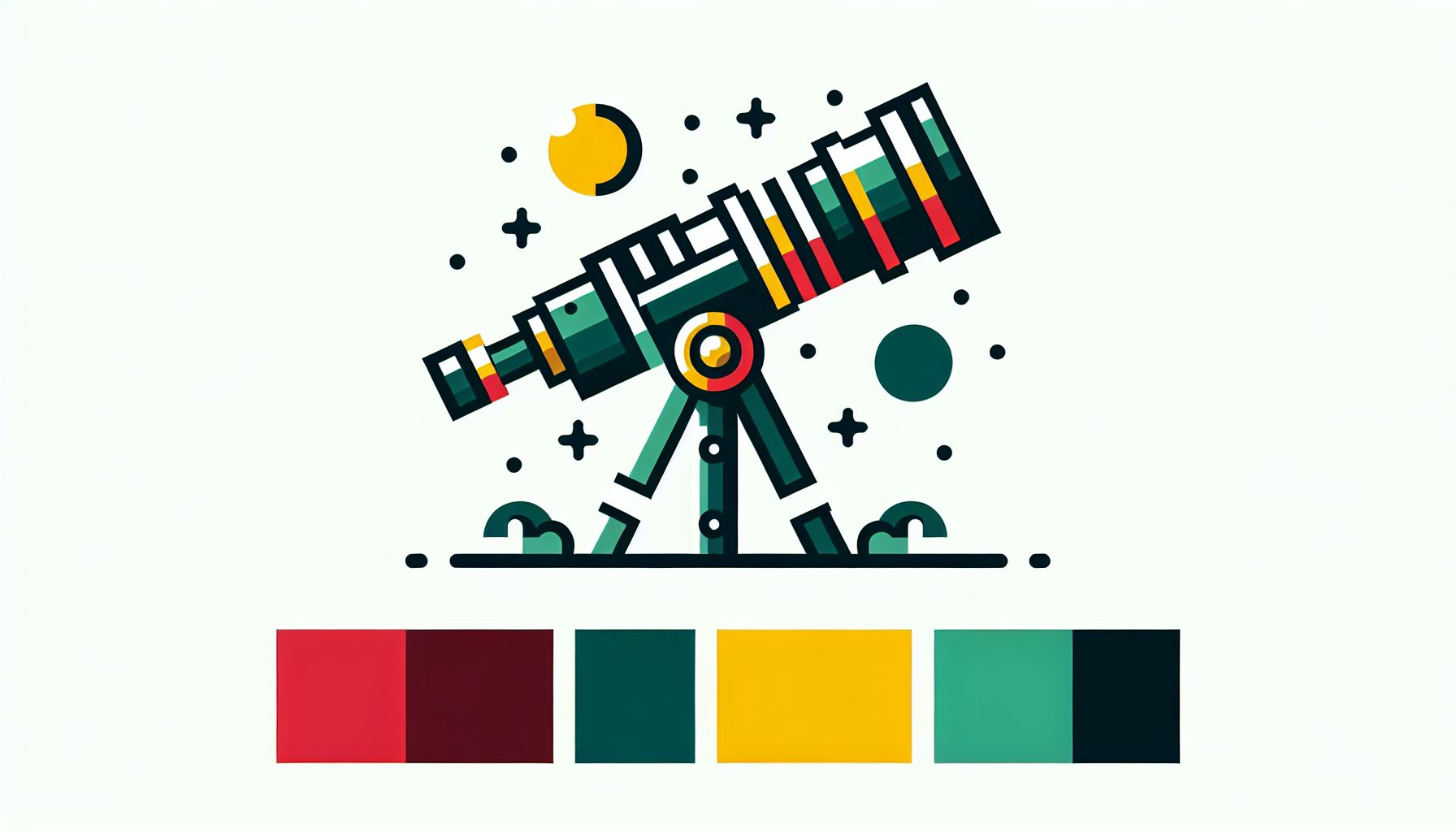 Telescope in flat illustration style and white background, red #f47574, green #88c7a8, yellow #fcc44b, and blue #645bc8 colors.