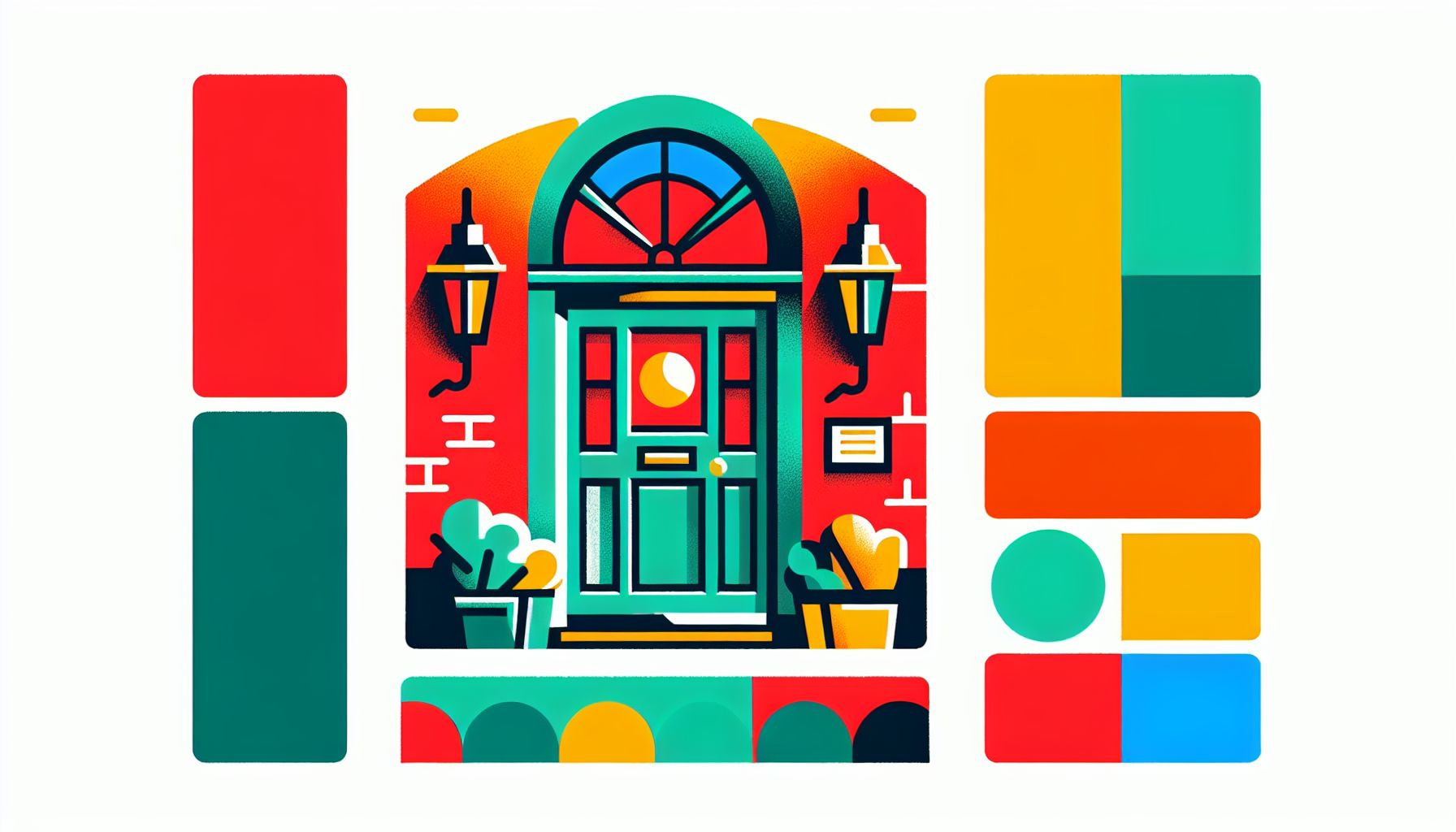 Door in flat illustration style and white background, red #f47574, green #88c7a8, yellow #fcc44b, and blue #645bc8 colors.