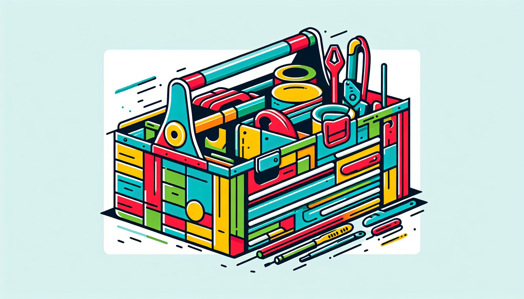 Toolbox in flat illustration style and white background, red #f47574, green #88c7a8, yellow #fcc44b, and blue #645bc8 colors.