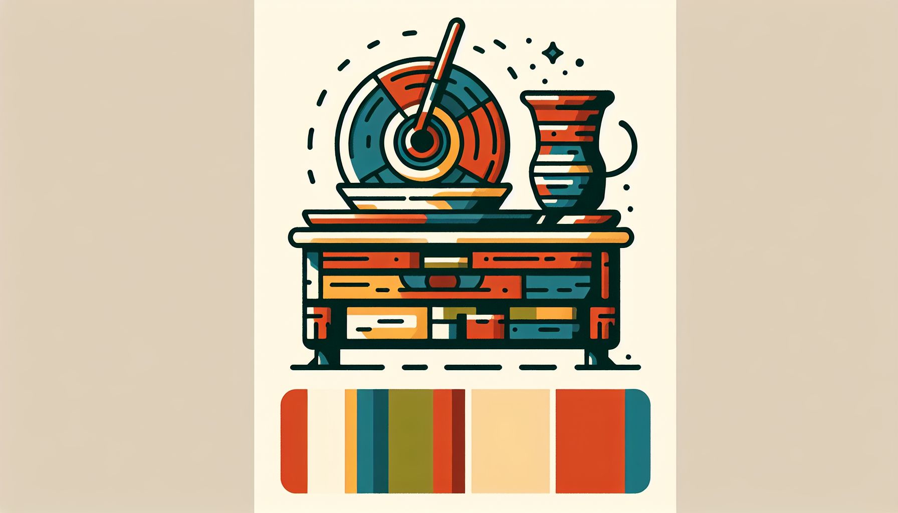 Potter's wheel in flat illustration style and white background, red #f47574, green #88c7a8, yellow #fcc44b, and blue #645bc8 colors.