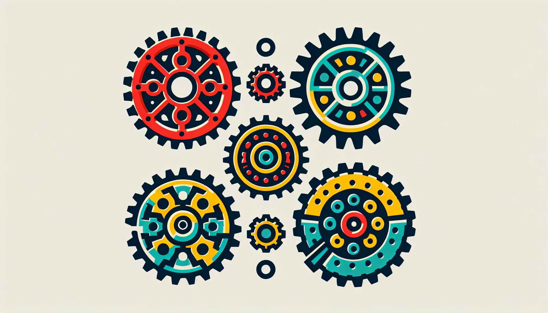 Gears in flat illustration style and white background, red #f47574, green #88c7a8, yellow #fcc44b, and blue #645bc8 colors.