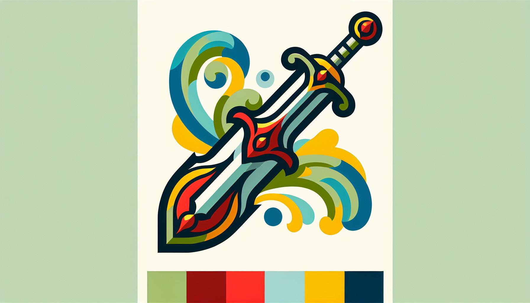 Sword in flat illustration style and white background, red #f47574, green #88c7a8, yellow #fcc44b, and blue #645bc8 colors.