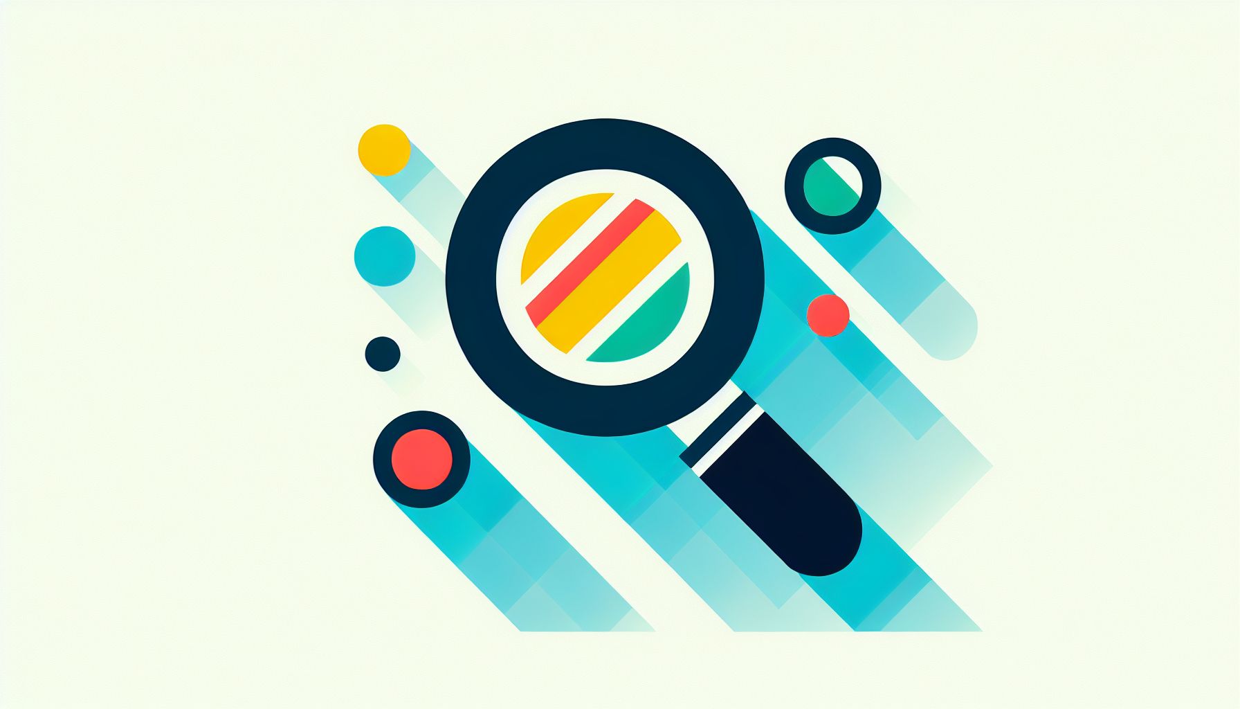 Magnifying Glass in flat illustration style and white background, red #f47574, green #88c7a8, yellow #fcc44b, and blue #645bc8 colors.